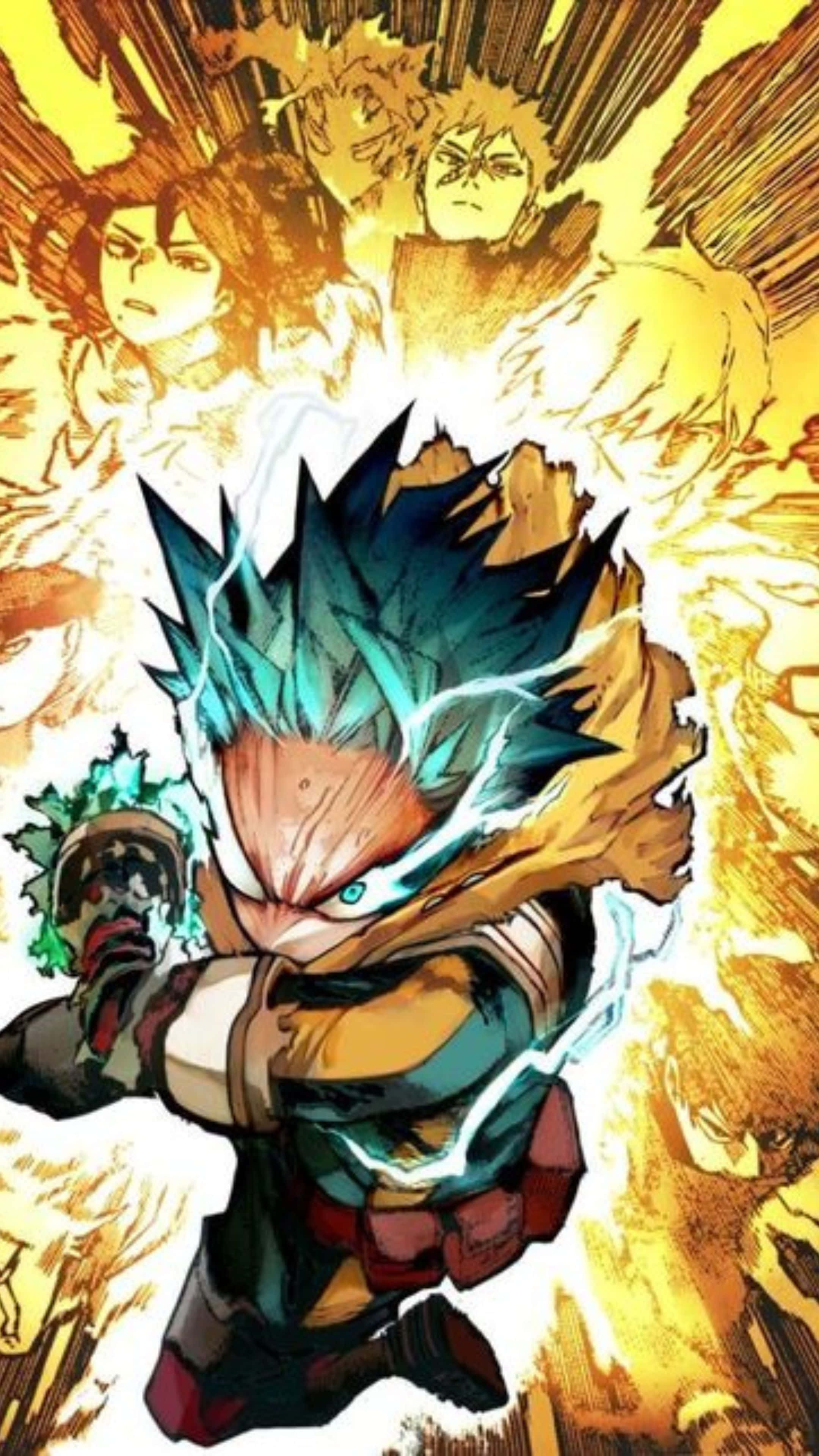 Vigilante Deku, chibi-style hero, spiky blue hair, 4K Phone Wallpaper
