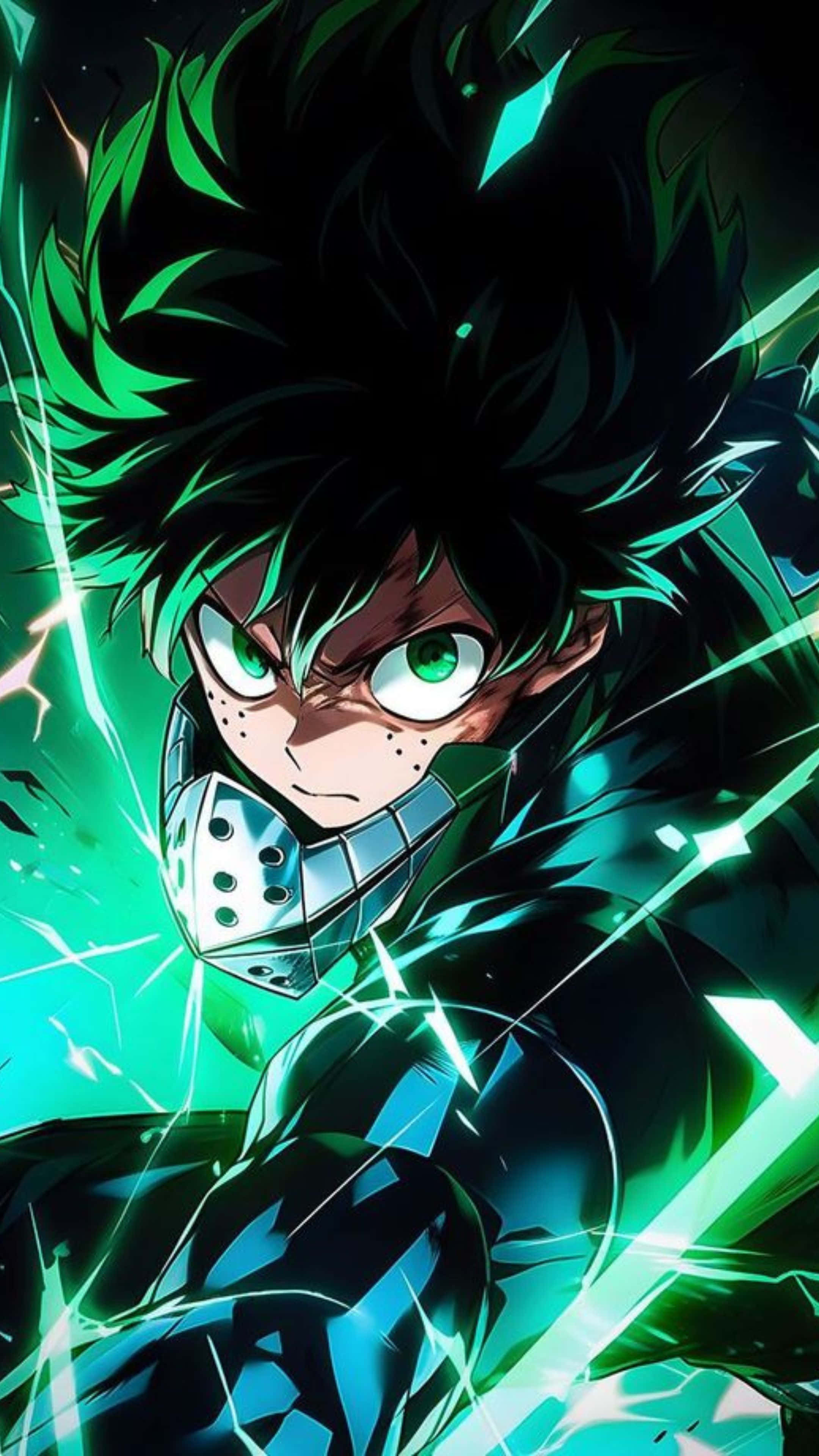 Vigilante Deku, spiky black hair, glowing green eyes, 4K Phone Wallpaper