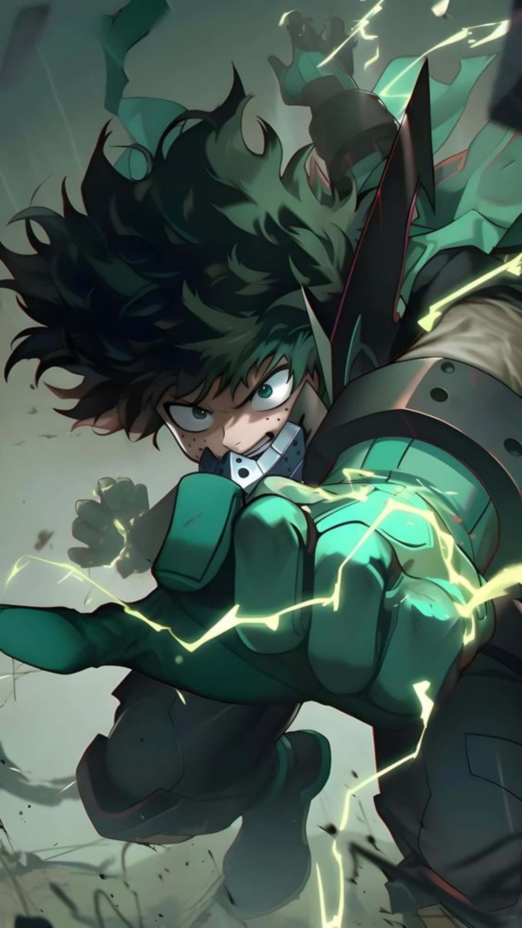Vigilante Deku, green suit, glowing yellow lightning, 4K Phone Wallpaper