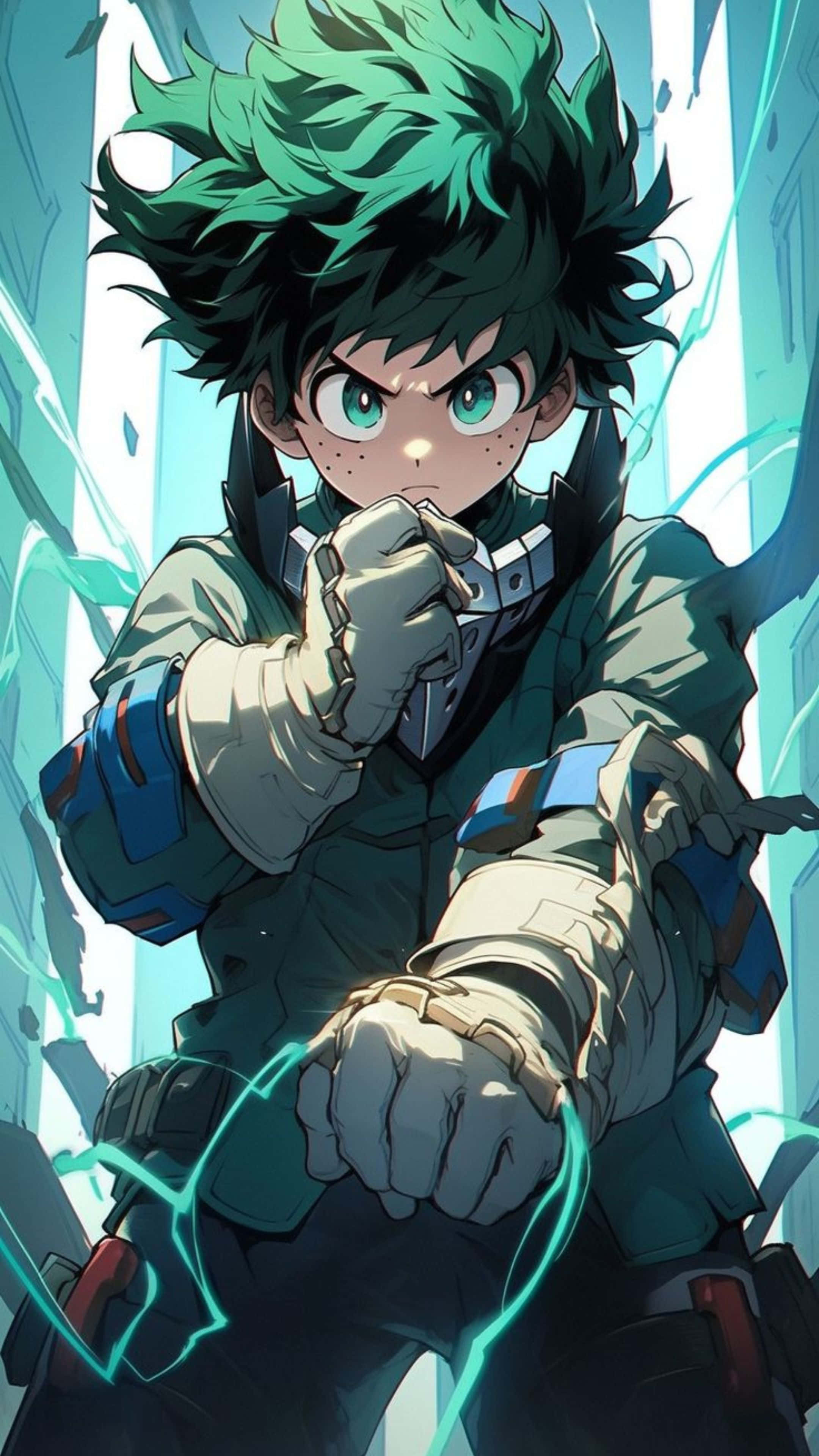 Vigilante Deku, spiky green hair, glowing eyes, 4K Phone Wallpaper