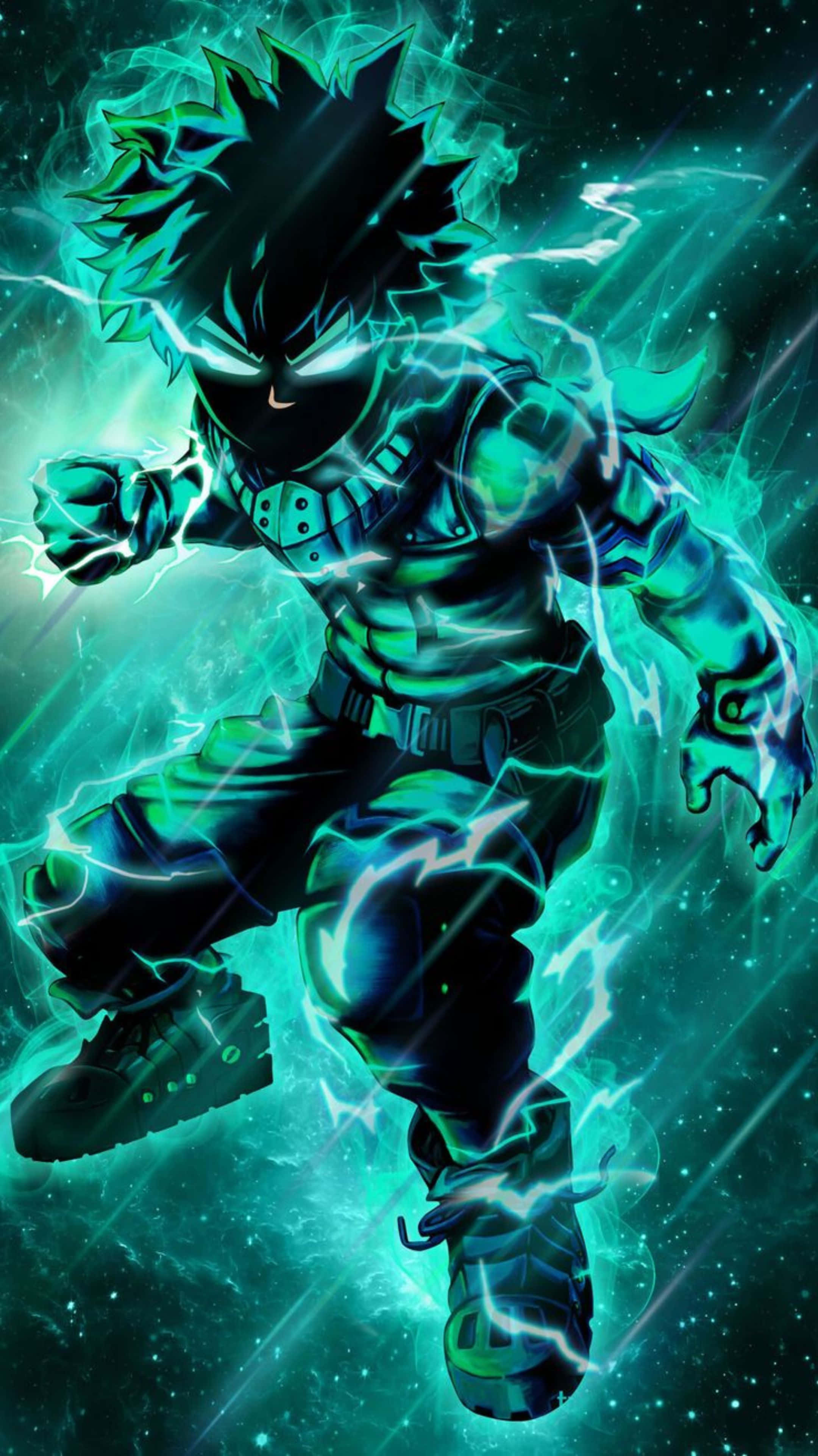 Vigilante Deku, spiky-haired anime hero, electric energy, 4K Phone Wallpaper