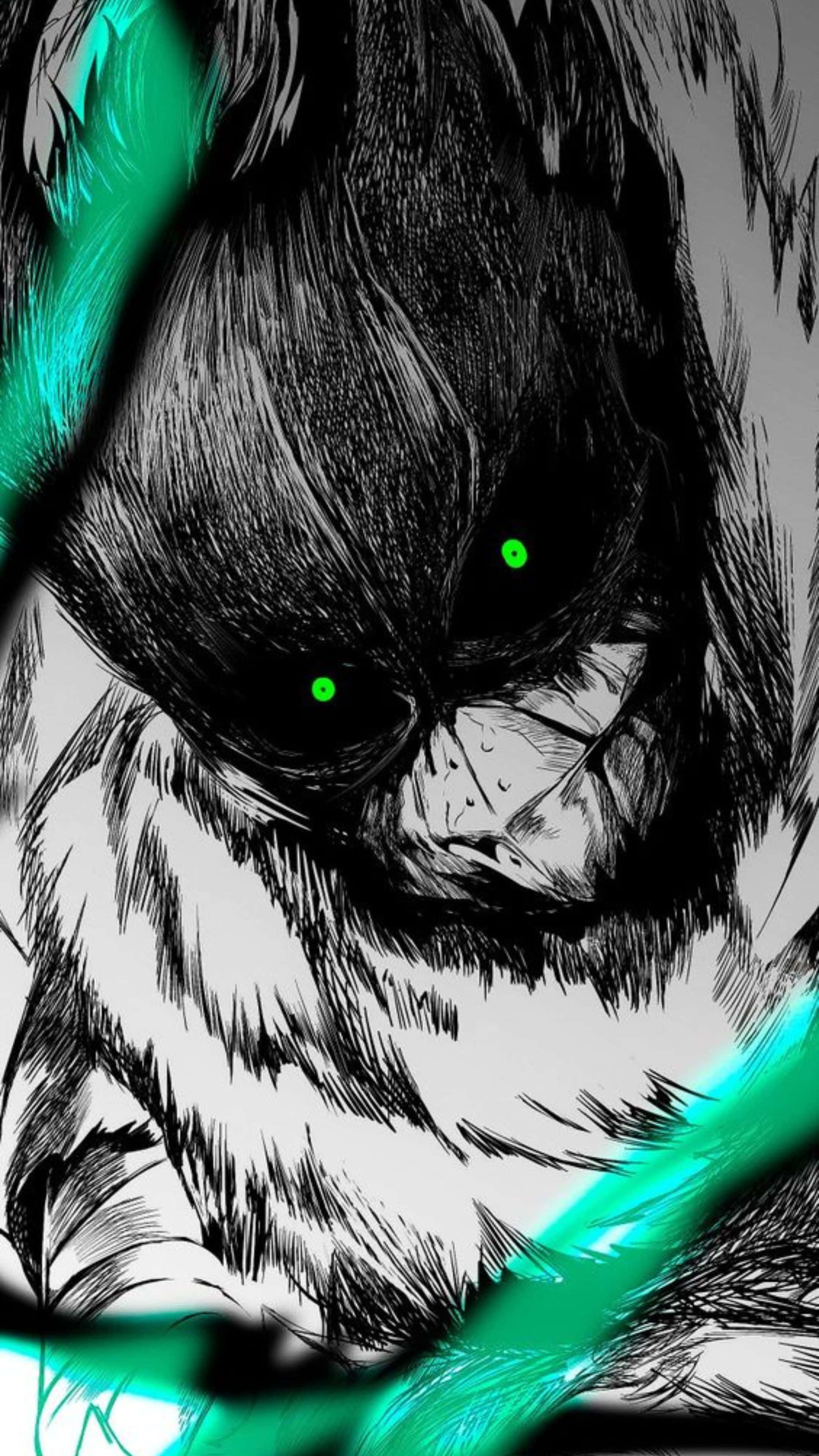 Vigilante Deku, glowing green eyes, jagged teal energy streaks, 4K Phone Wallpaper