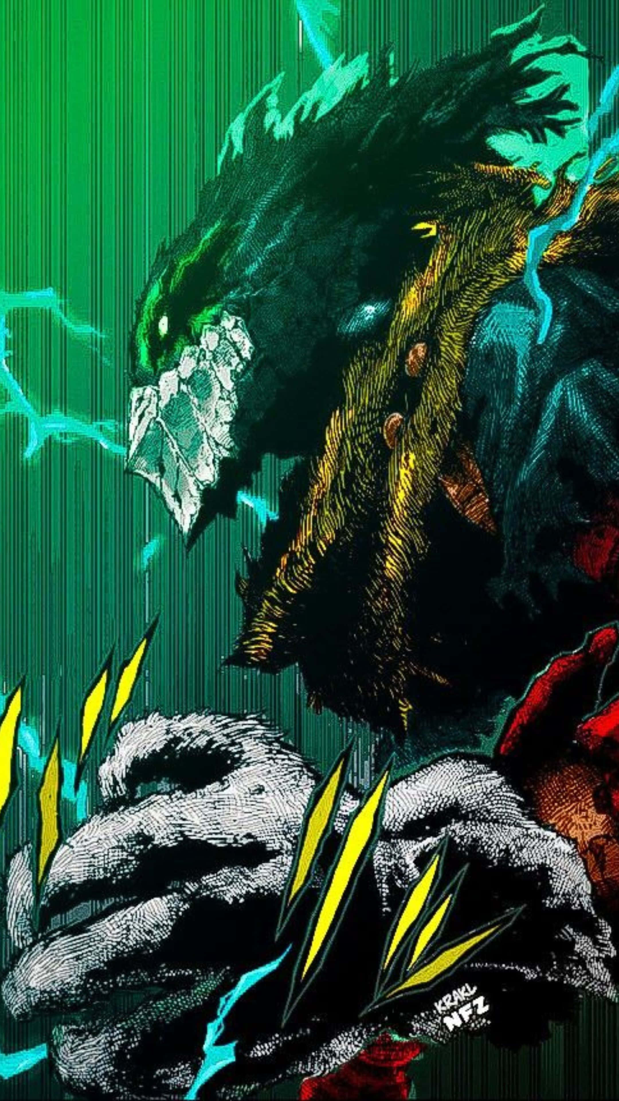 Vigilante Deku, glowing green eyes, jagged yellow claws, 4K Phone Wallpaper