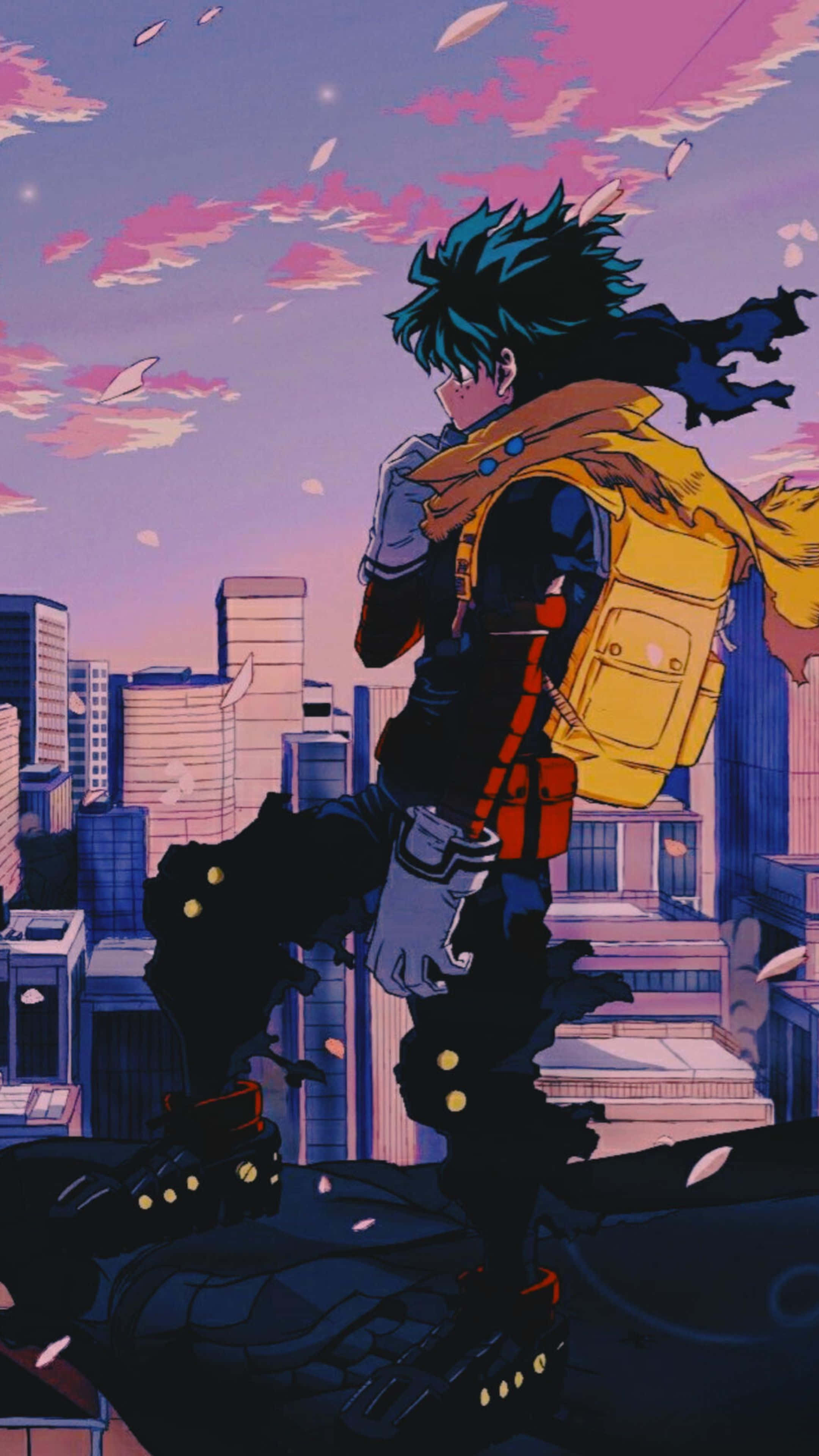 Vigilante Deku, spiky blue-haired anime hero, yellow backpack, 4K Phone Wallpaper