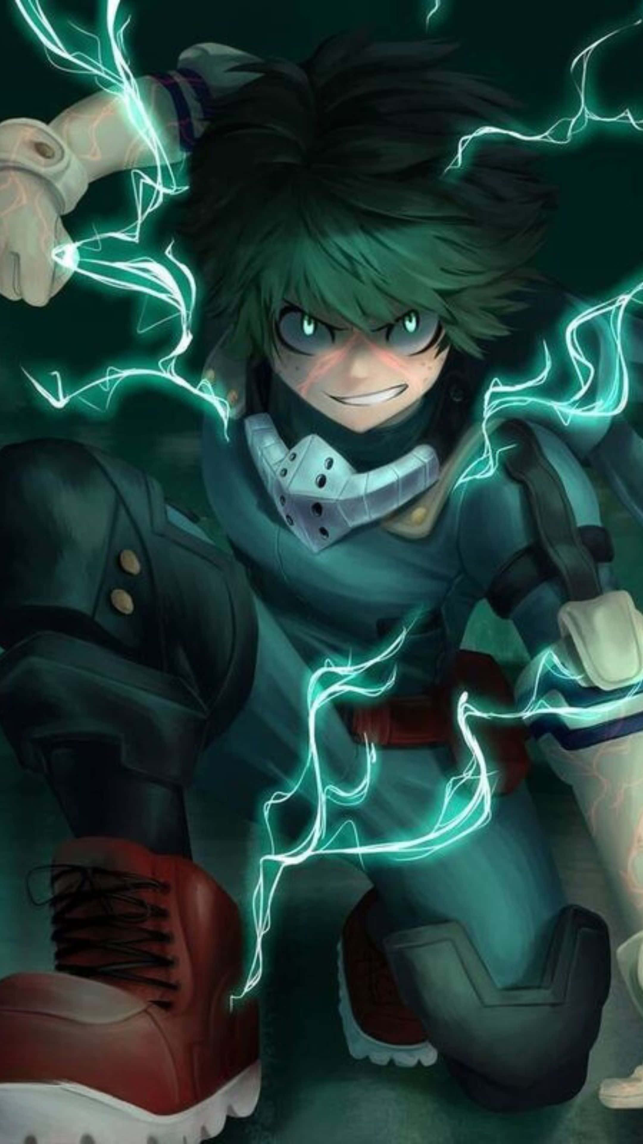Vigilante Deku, green hair, glowing cyan lightning, 4K Phone Wallpaper