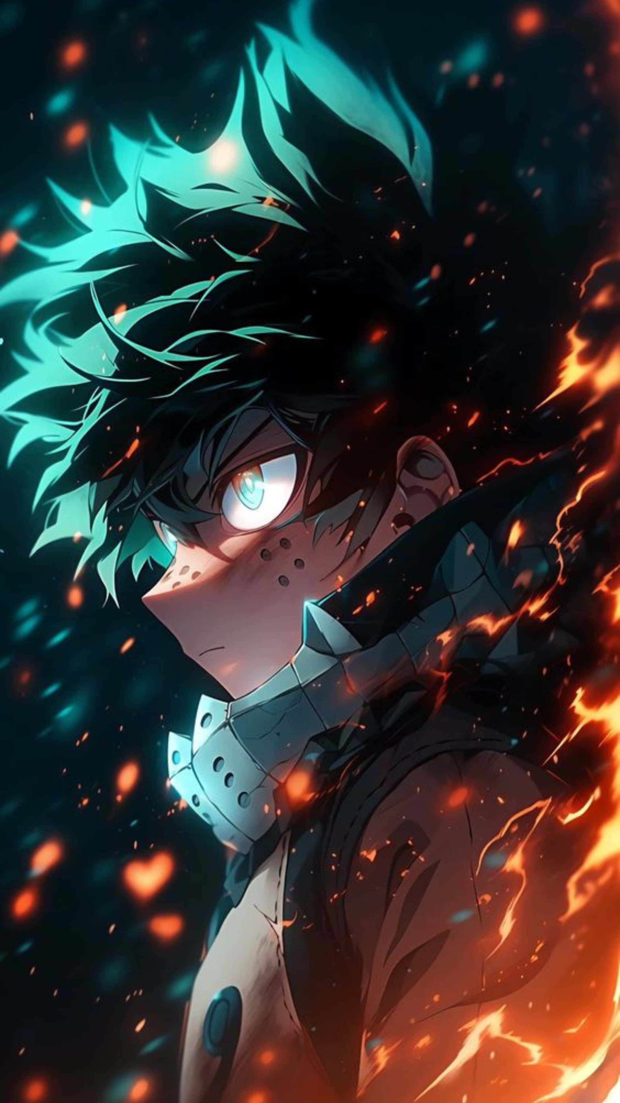Vigilante Deku, teal hair, glowing eyes, 4K Phone Wallpaper