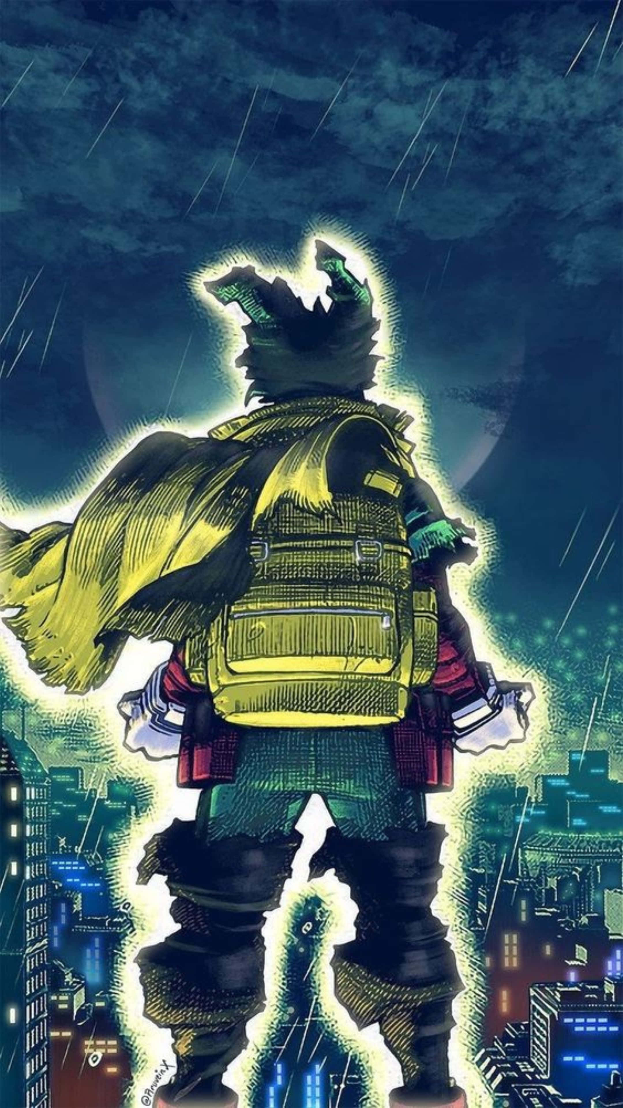 Vigilante Deku, glowing yellow backpack, rain, 4K Phone Wallpaper