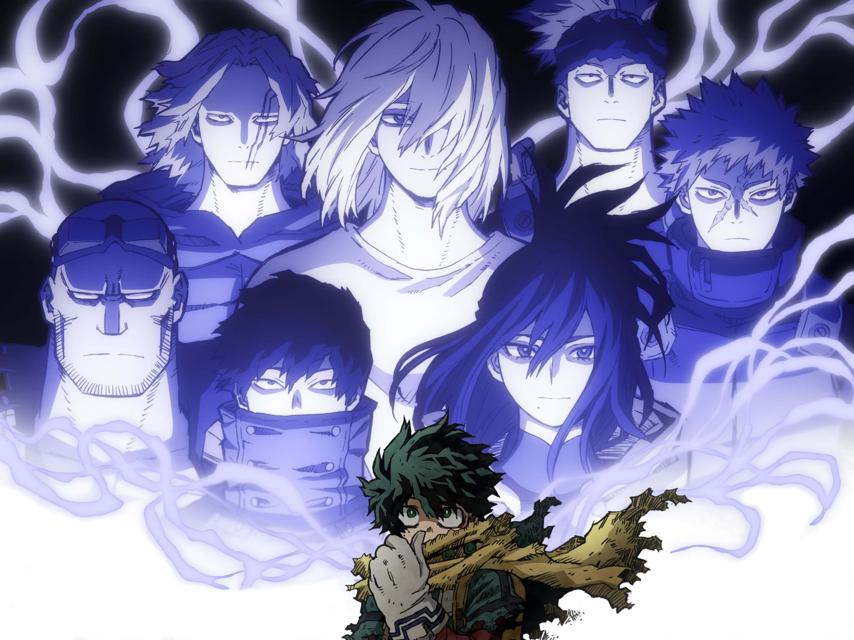 Vigilante Deku, blue and white lightning effects, dark background, 2K Desktop Wallpaper