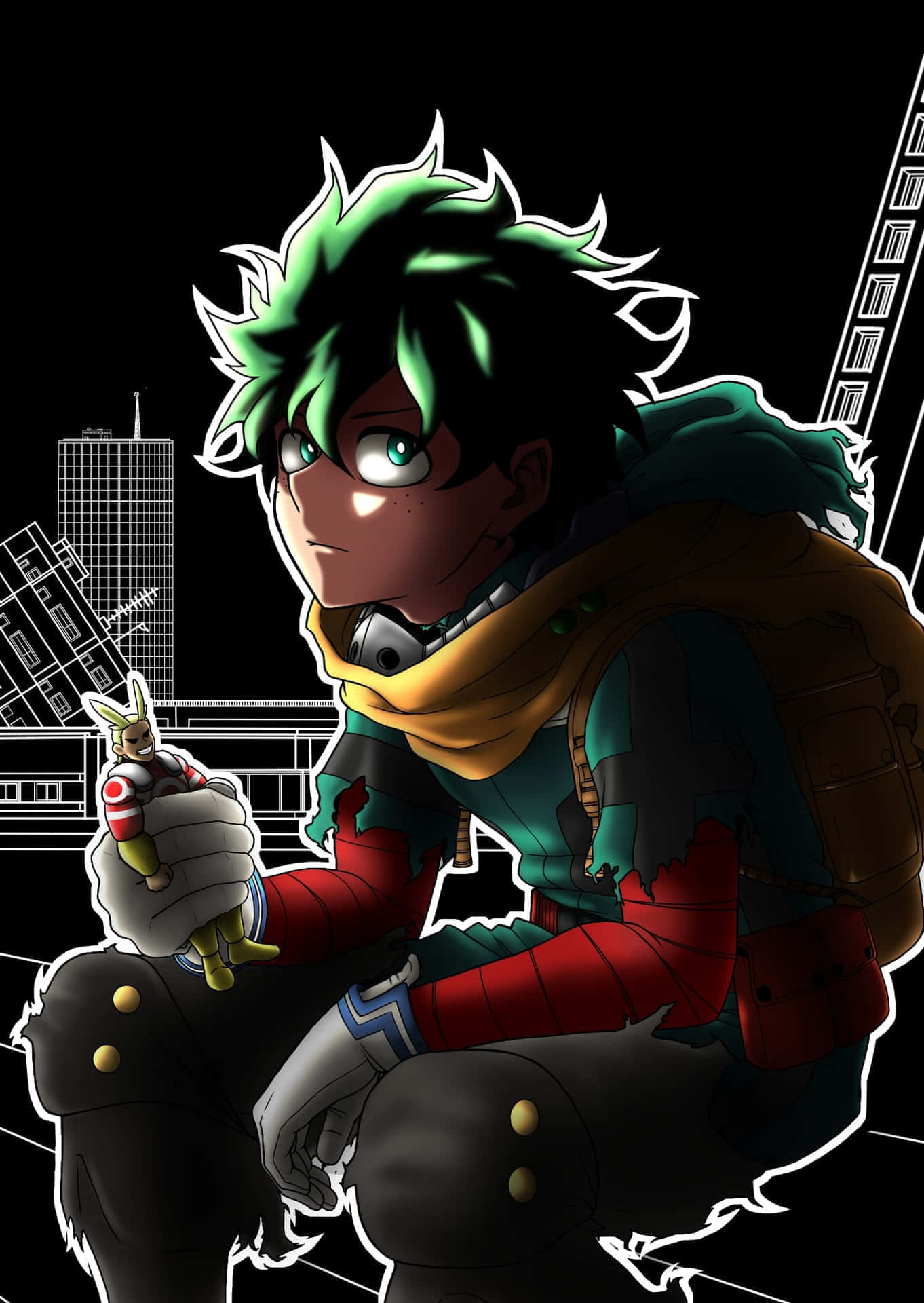Vigilante Deku, green-haired anime hero, torn red and green suit, Full HD Phone Wallpaper