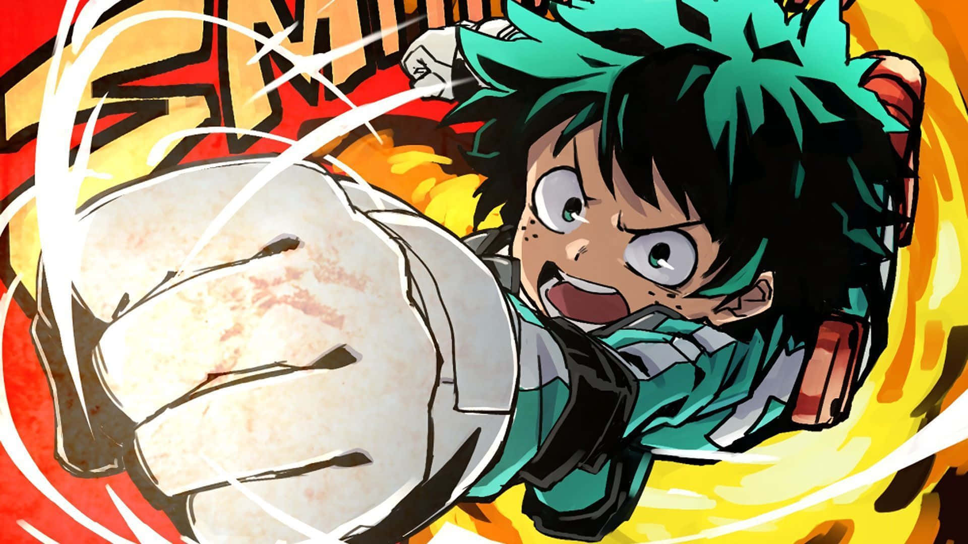 Vigilante Deku, green hair, fiery red and yellow background, Full HD Desktop Wallpaper