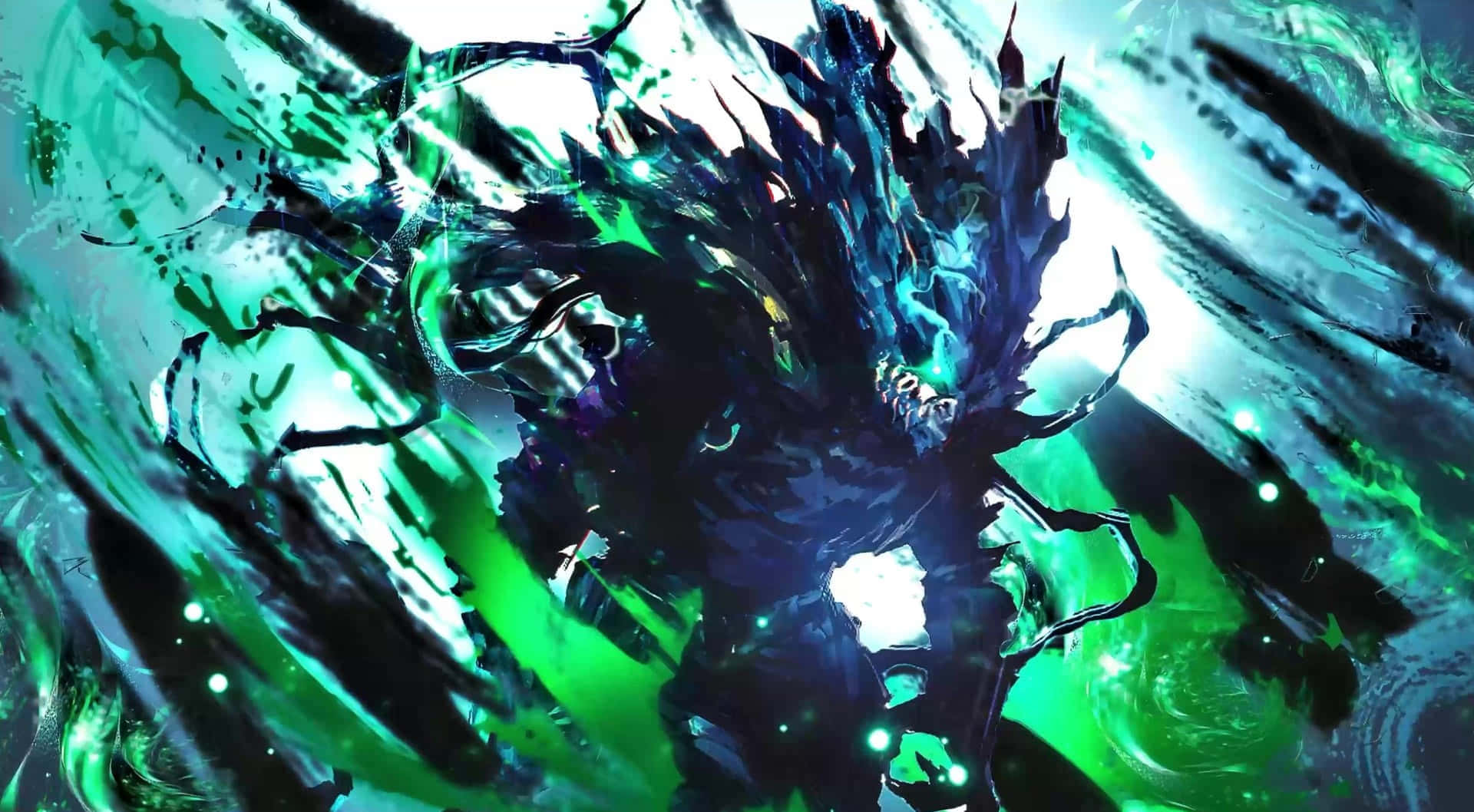Vigilante Deku, glowing green eyes, swirling teal and black energy, Full HD Desktop Wallpaper