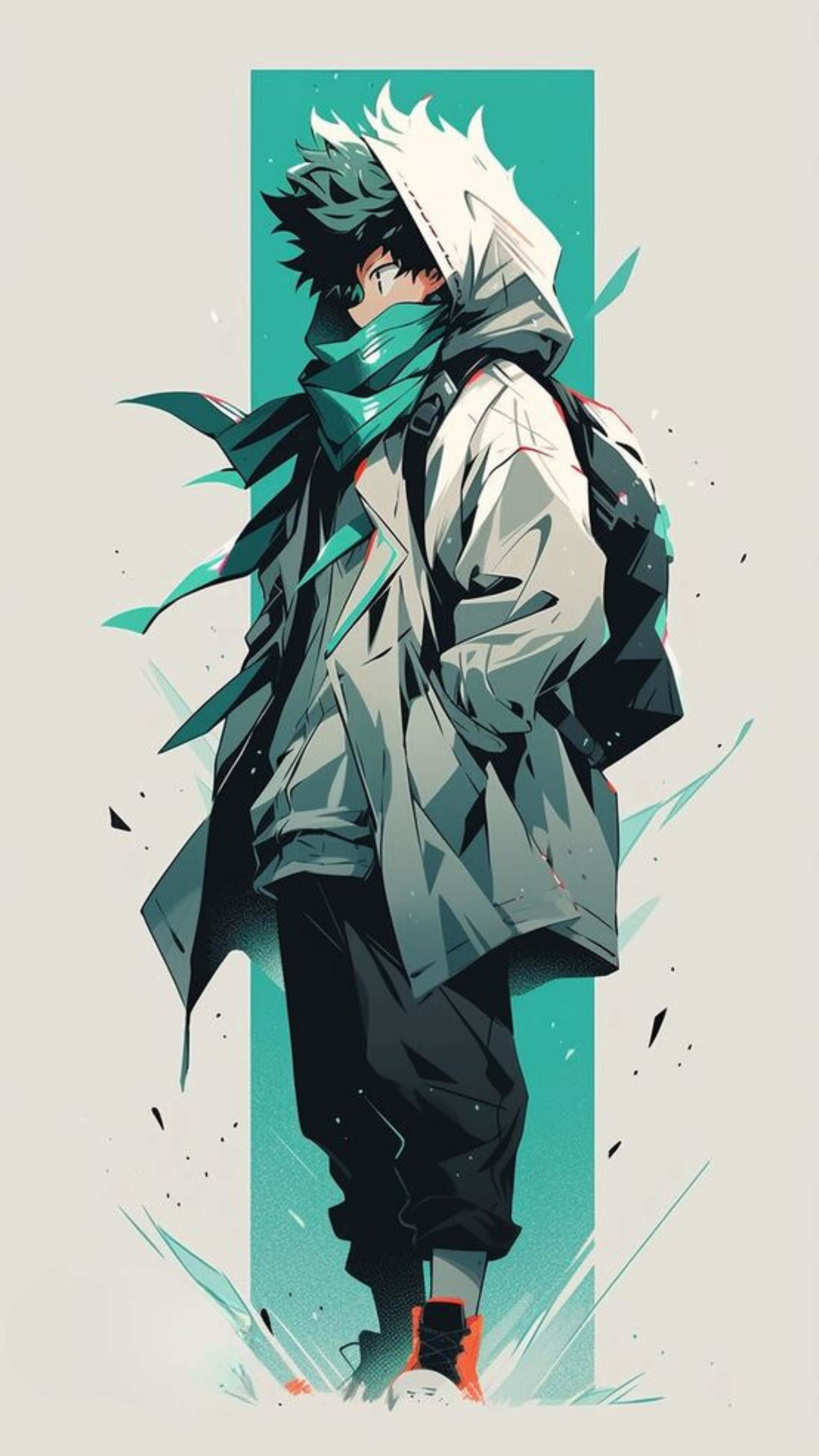 Vigilante Deku, spiky white hair, teal scarf, 4K Phone Wallpaper