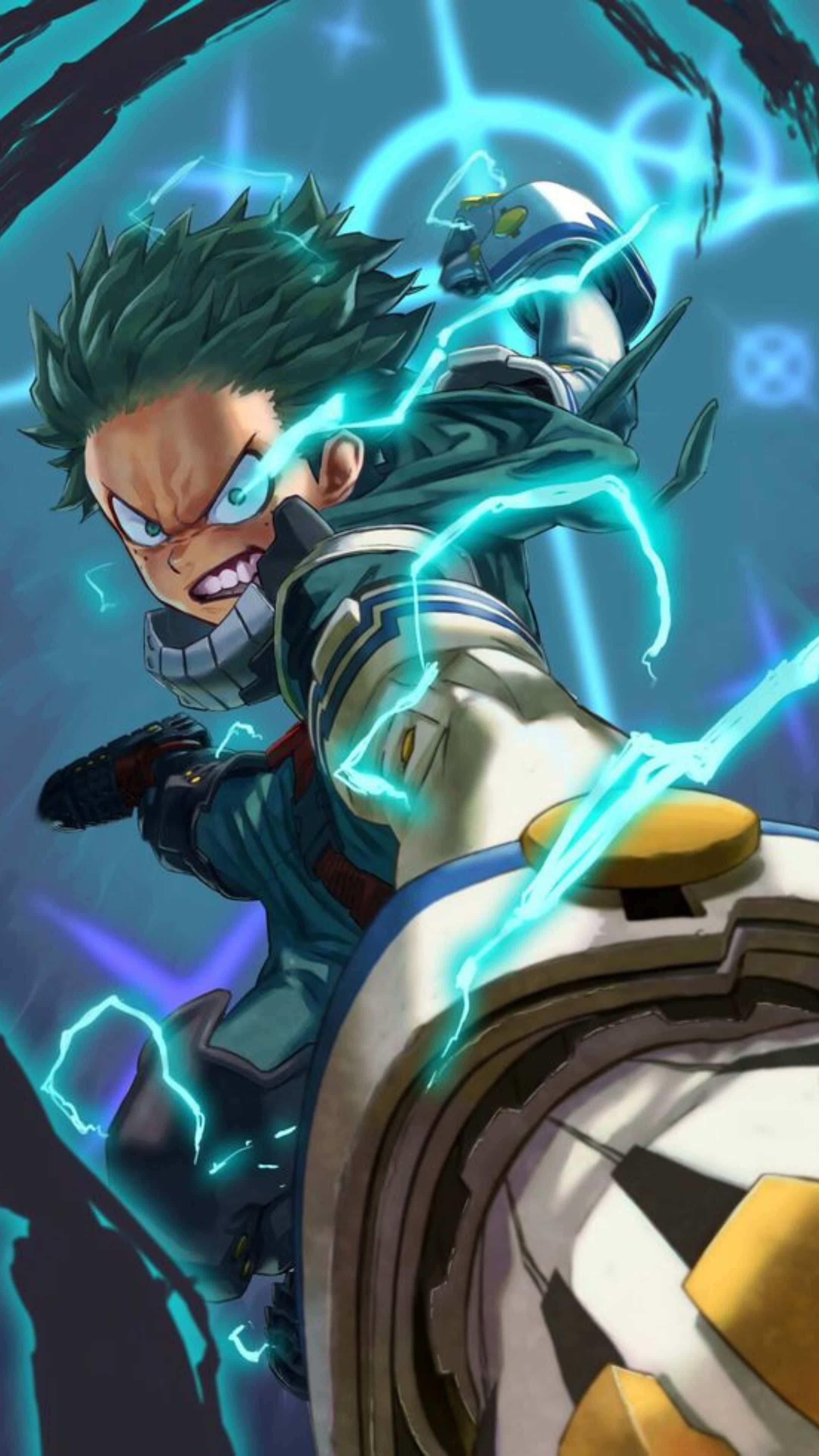Vigilante Deku, spiky green hair, crackling blue lightning, 4K Phone Wallpaper
