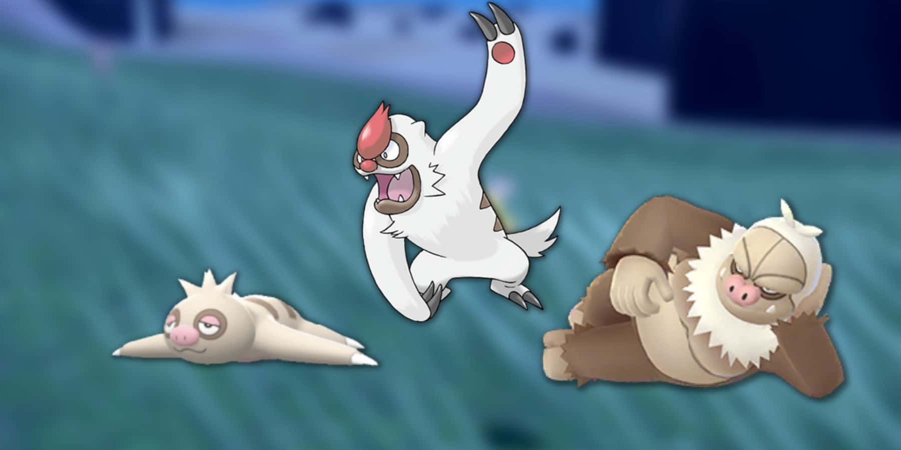 Vigoroth, teal grassy field, three Pokémon characters, HD Desktop Wallpaper