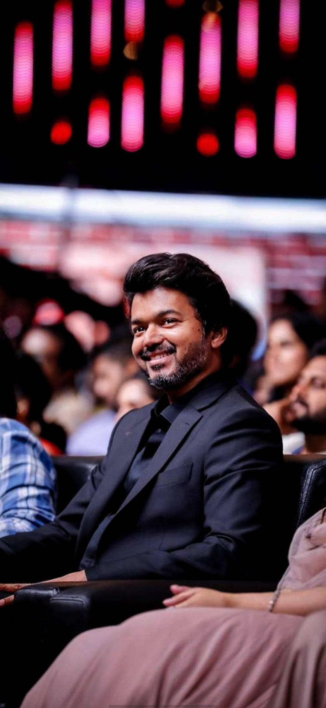 Vijay, black suit, dimly lit auditorium, Full HD Phone Wallpaper
