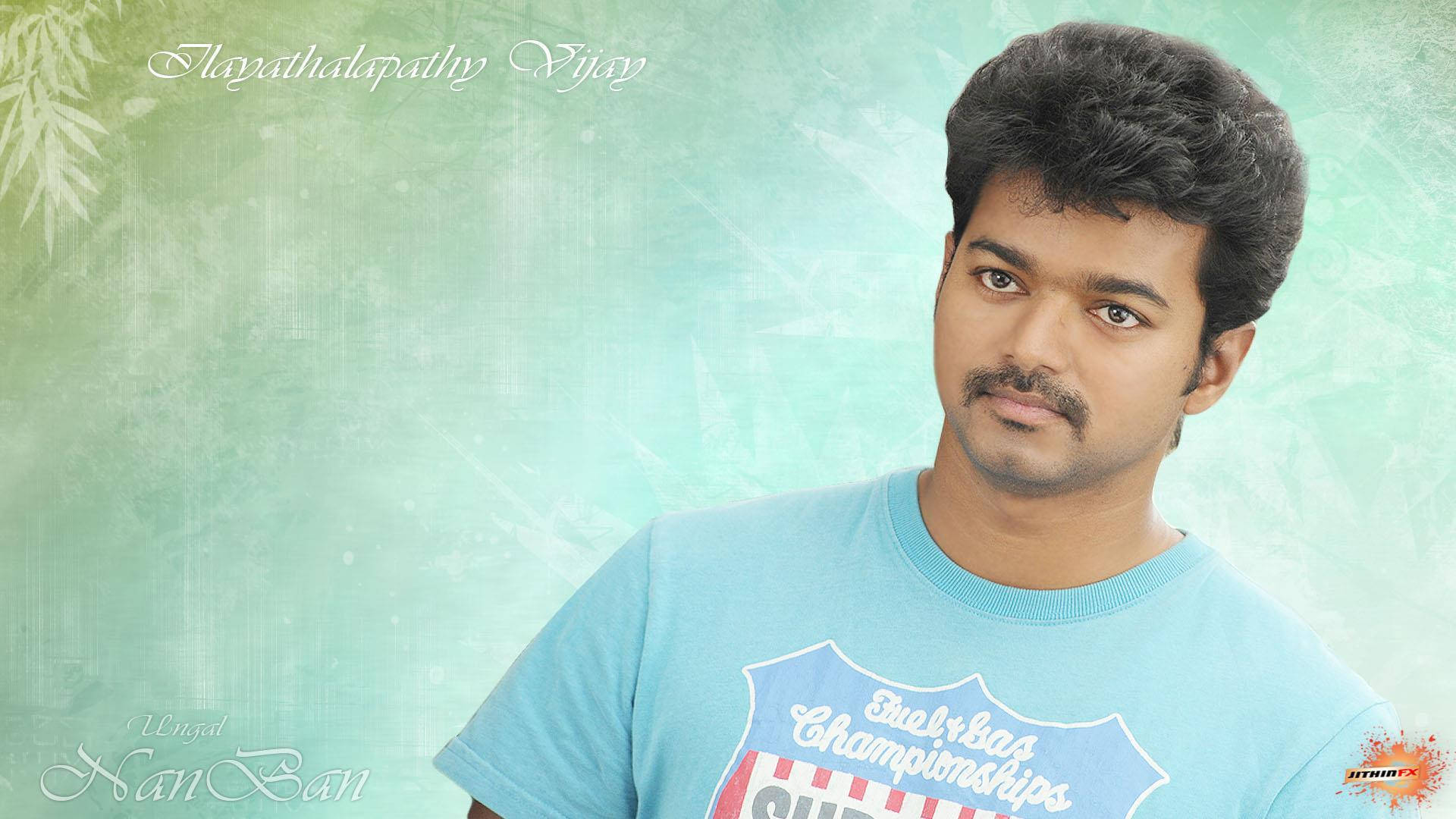Vijay HD, light blue t-shirt, textured mint green background, Full HD Desktop Wallpaper