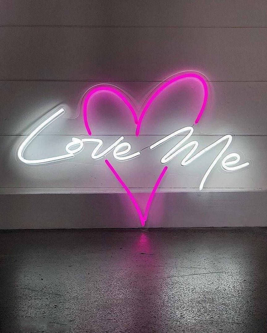 Vijay Mahar, glowing pink heart, white cursive 'Love Me' neon sign, SD Phone Wallpaper