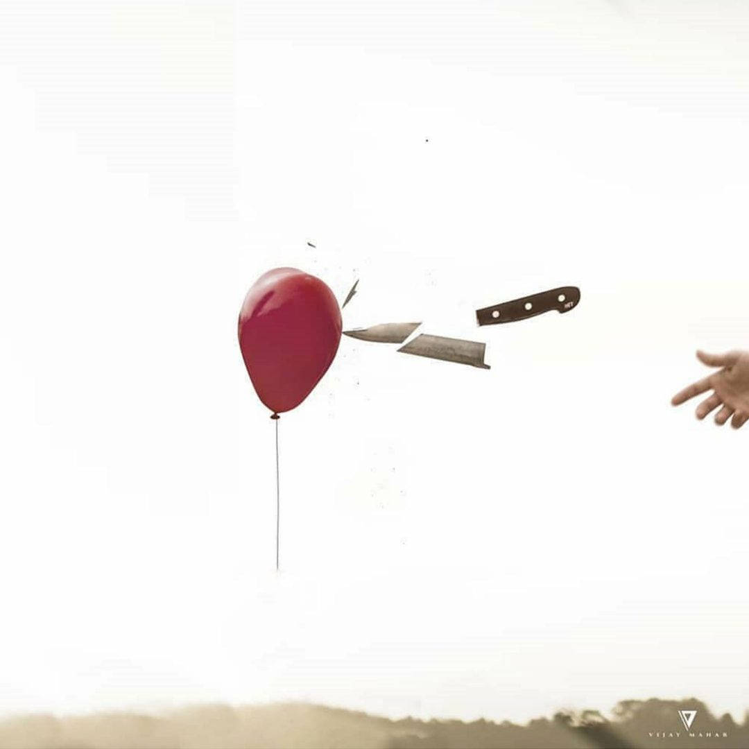 Vijay Mahar, red balloon, broken knife, SD Desktop Wallpaper
