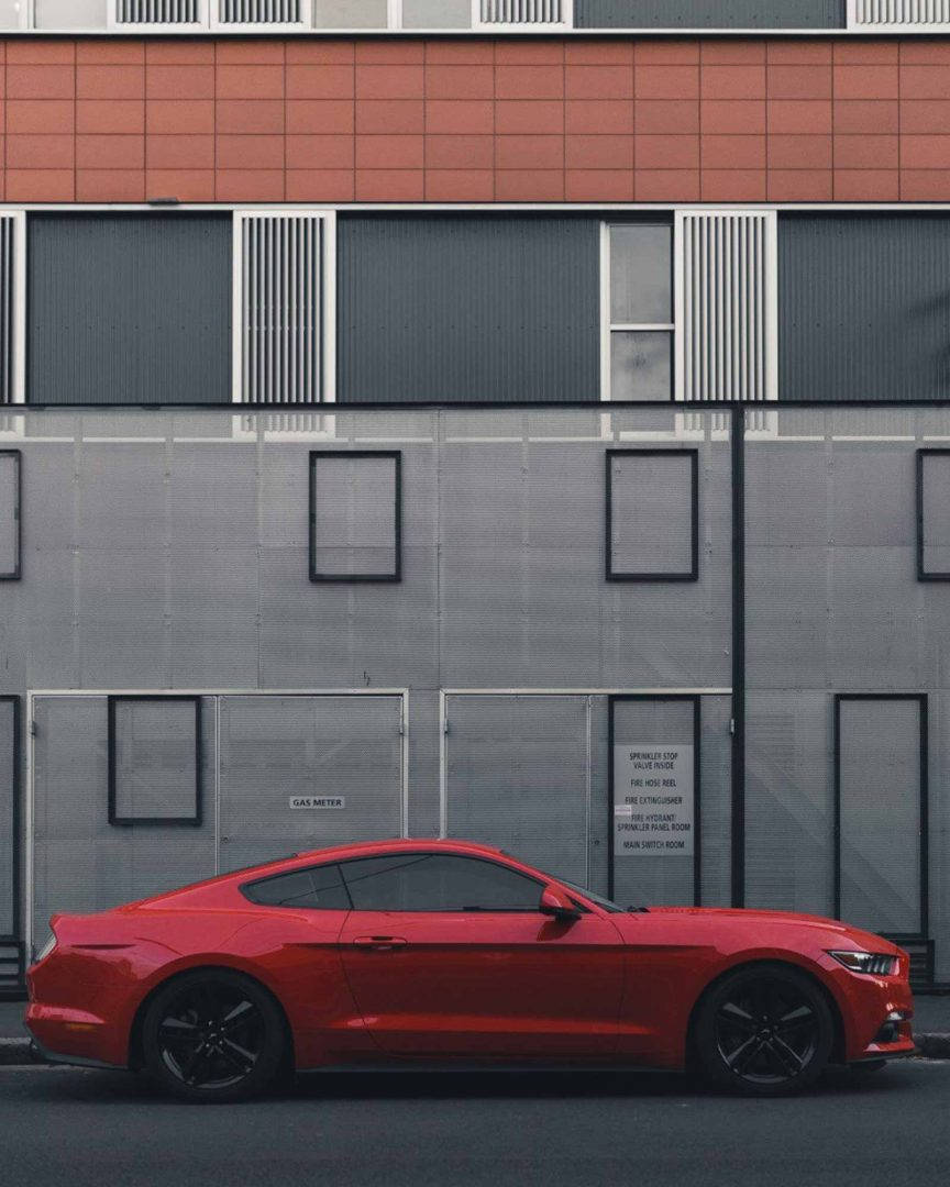 Vijay Mahar, red sports car, modern building, SD Phone Wallpaper