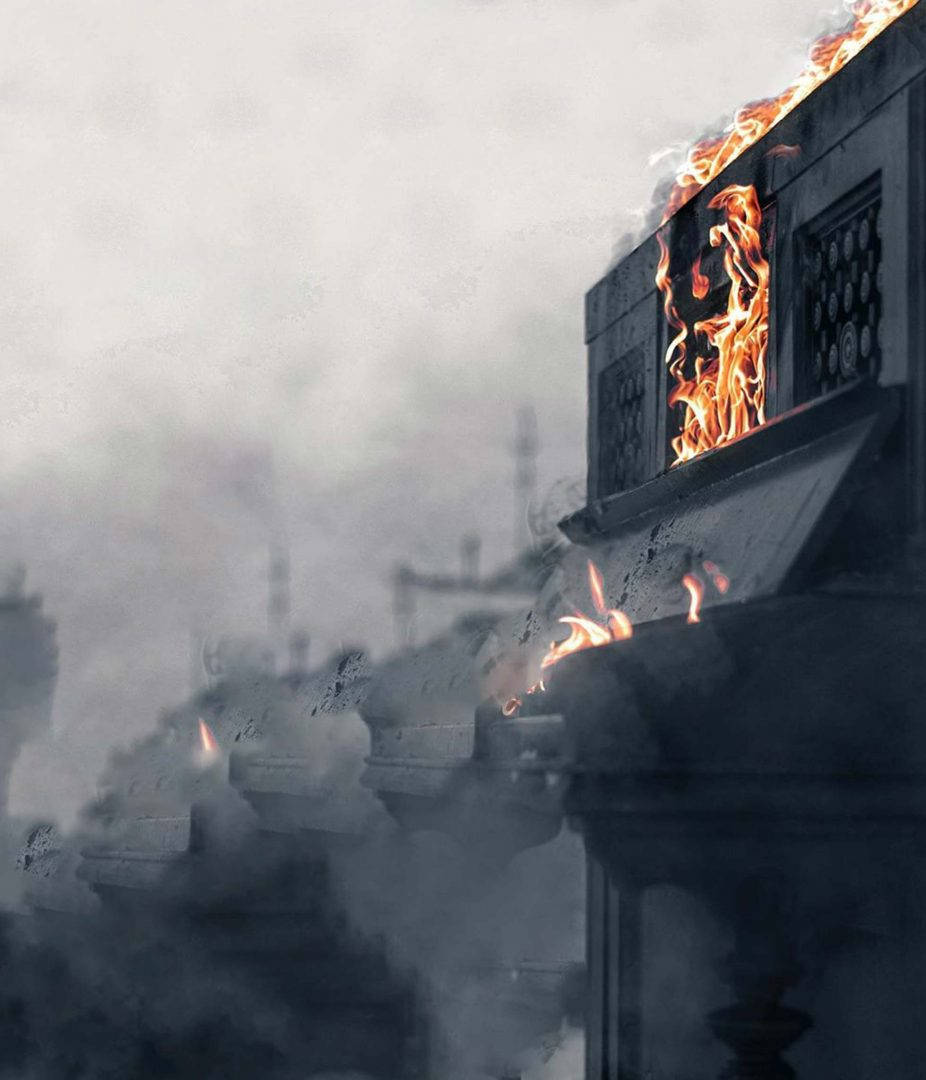 Vijay Mahar, burning black piano, burning building, SD Phone Wallpaper