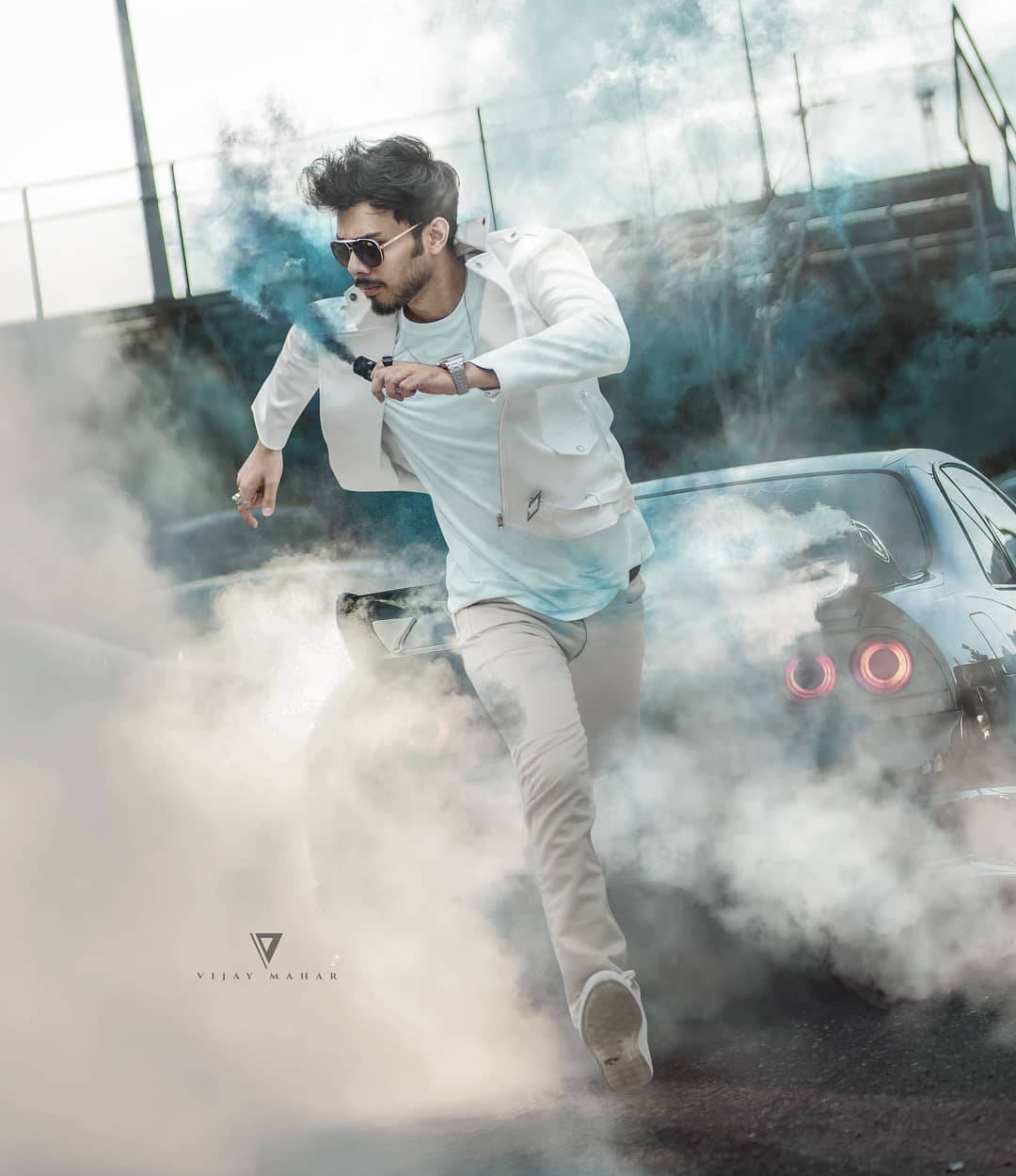 Vijay Mahar, white jacket, glowing sports car, SD Phone Wallpaper