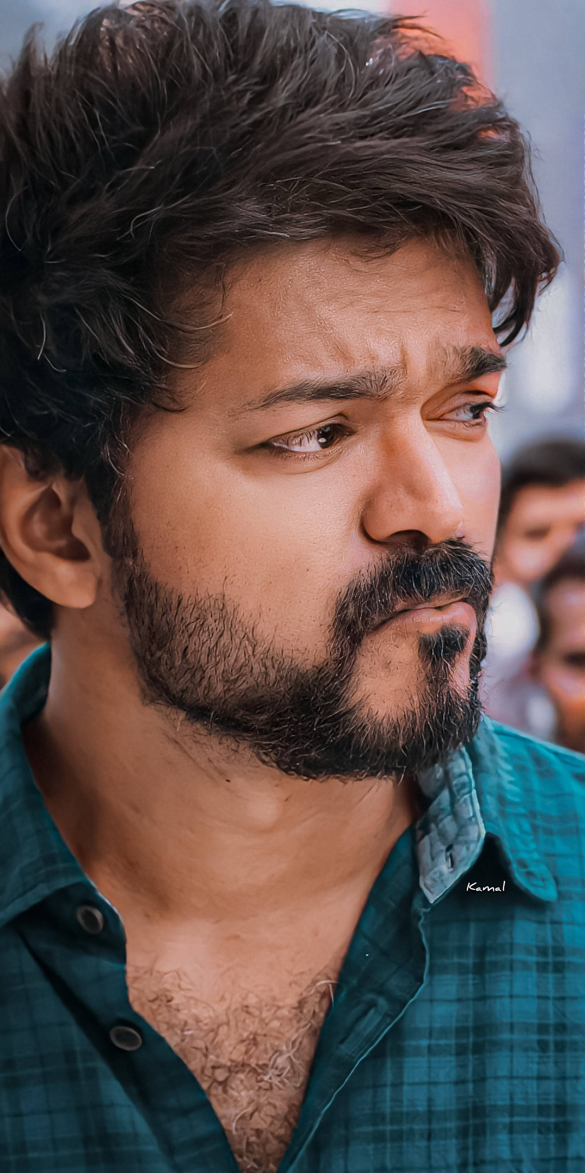 Vijay, teal plaid shirt, dark beard, 4K Phone Wallpaper