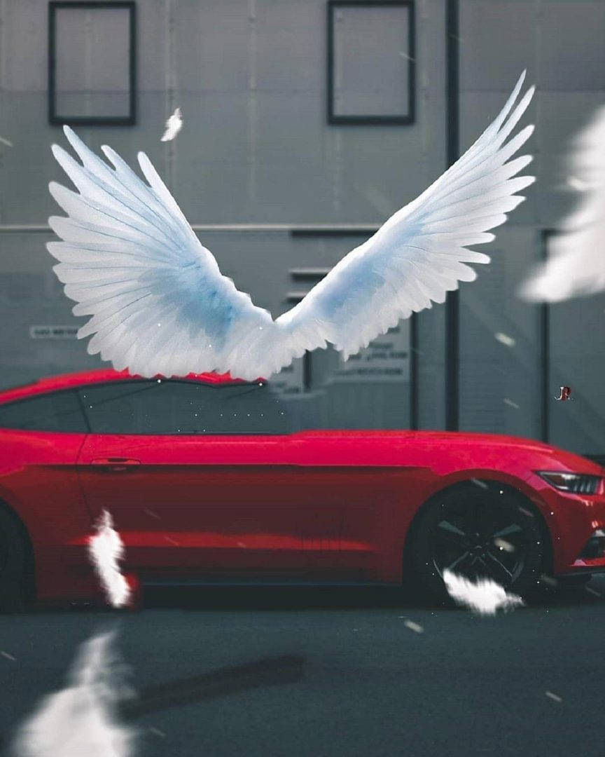 Vijay Mahar, red sports car, white angel wings, SD Phone Wallpaper