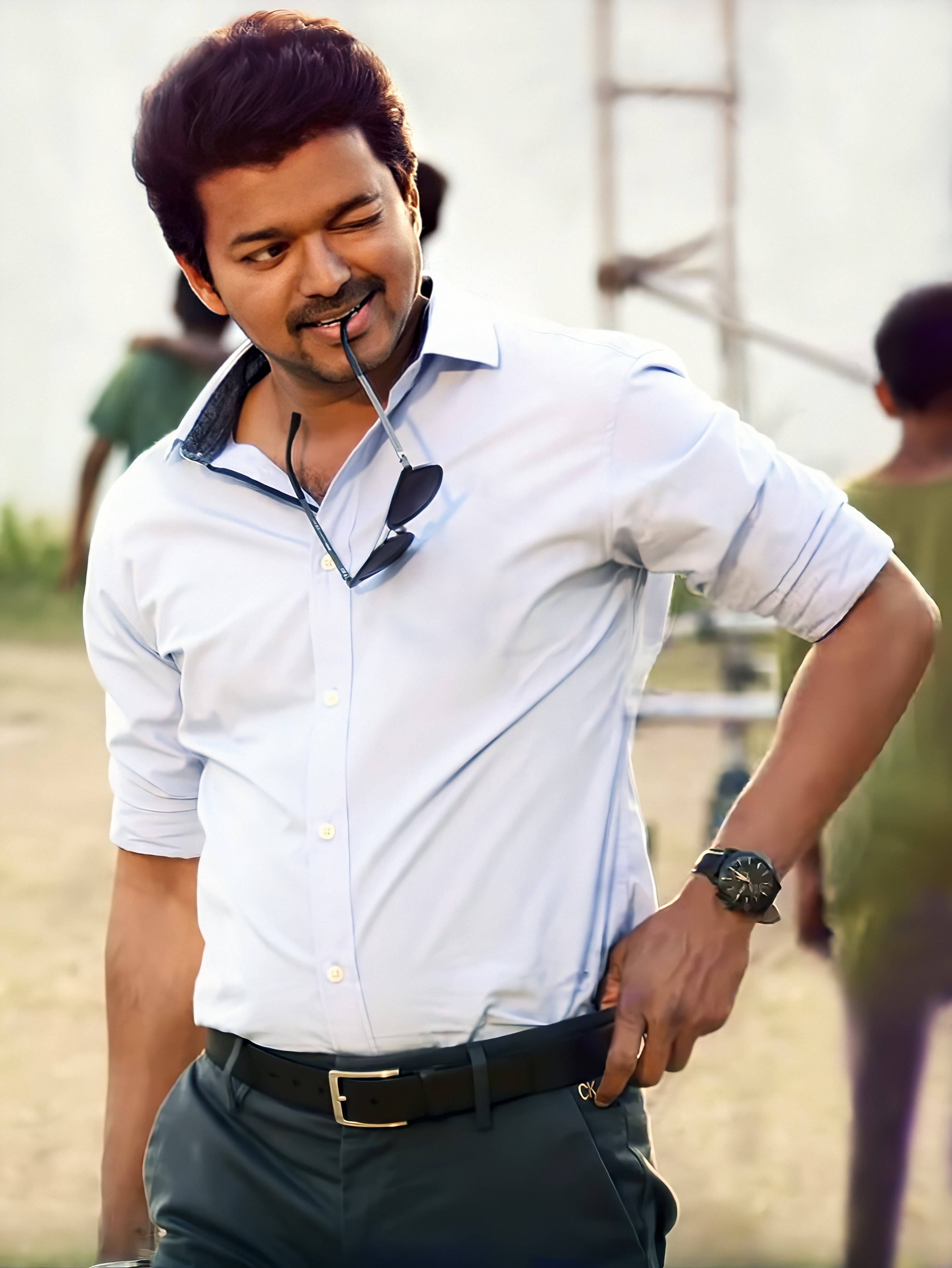 Vijay New, light blue shirt, sunglasses, 4K Phone Wallpaper