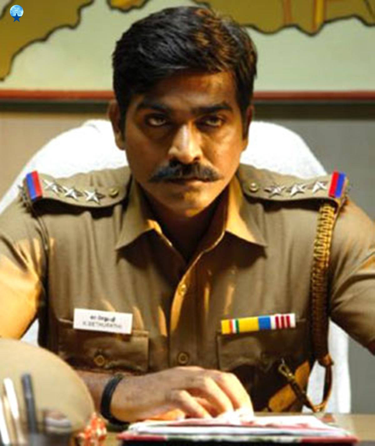 Vijay Sethupathi, police uniform, desk, HD Phone Wallpaper