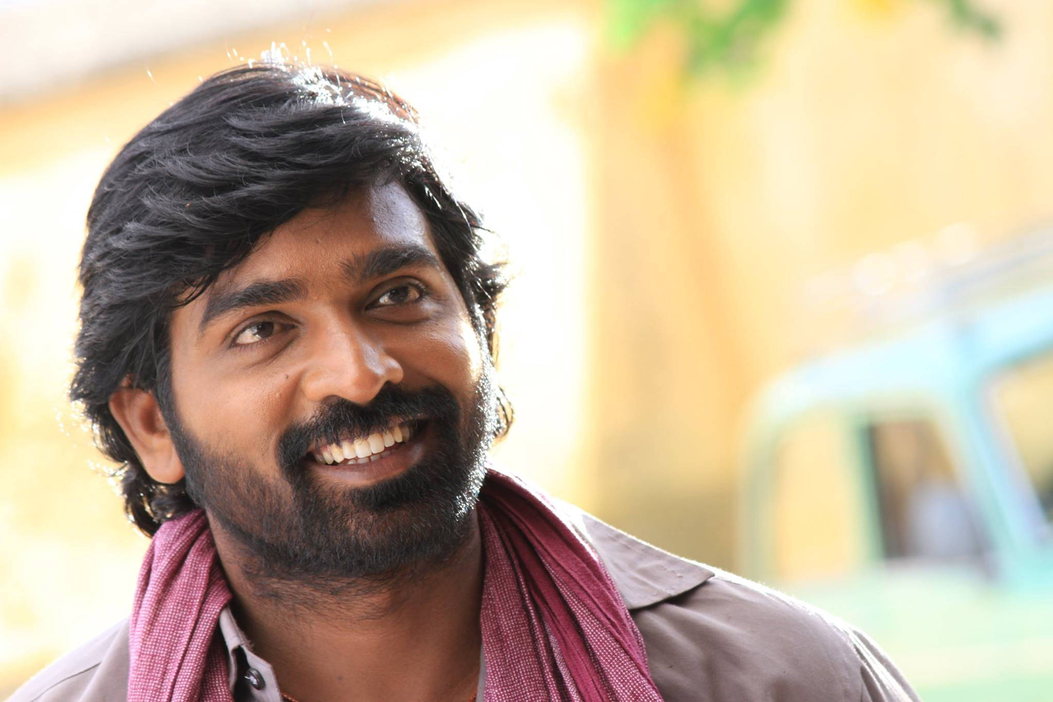 Vijay Sethupathi, pink scarf, sunlit outdoor backdrop, Full HD Desktop Wallpaper