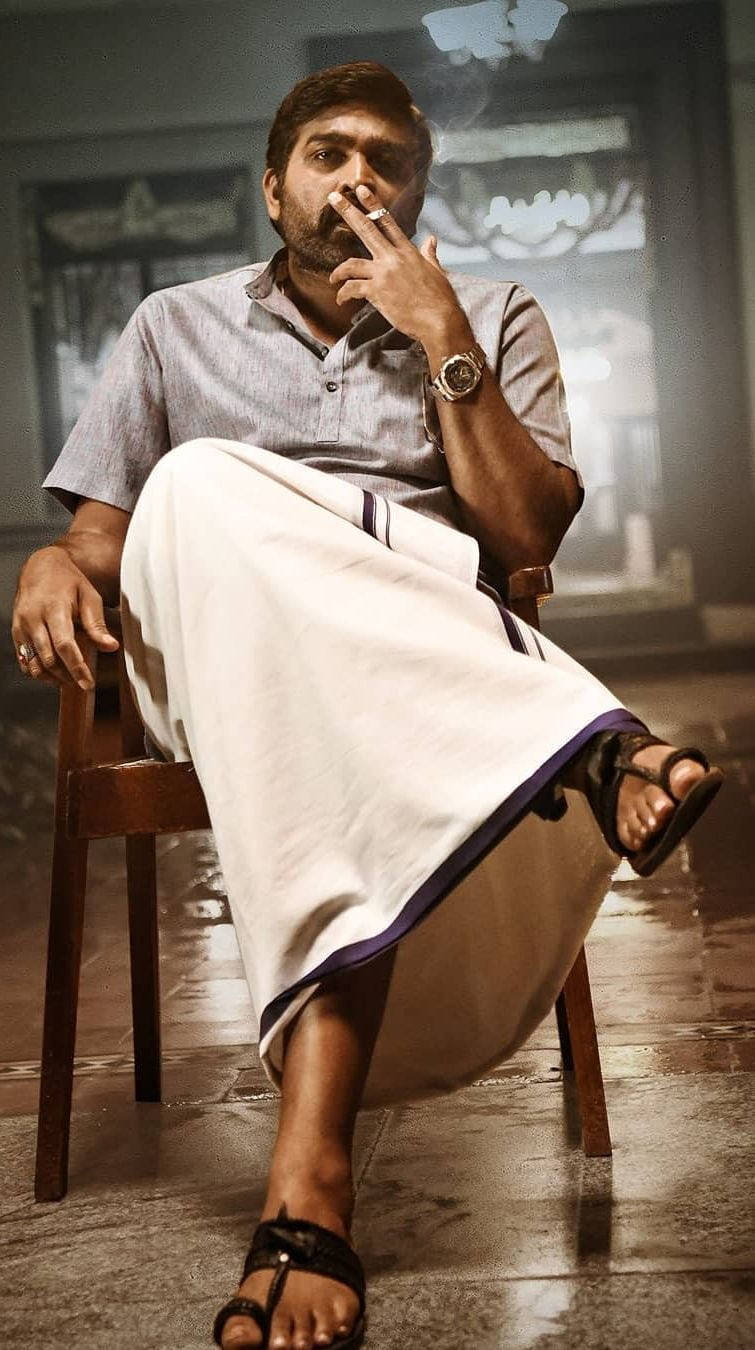 Vijay Sethupathi, white dhoti, striped shirt, HD Phone Wallpaper