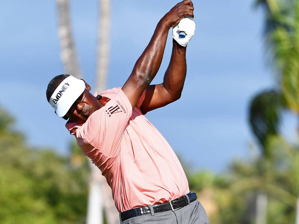 Vijay Singh, pink shirt, bright blue sky, SD Desktop Wallpaper