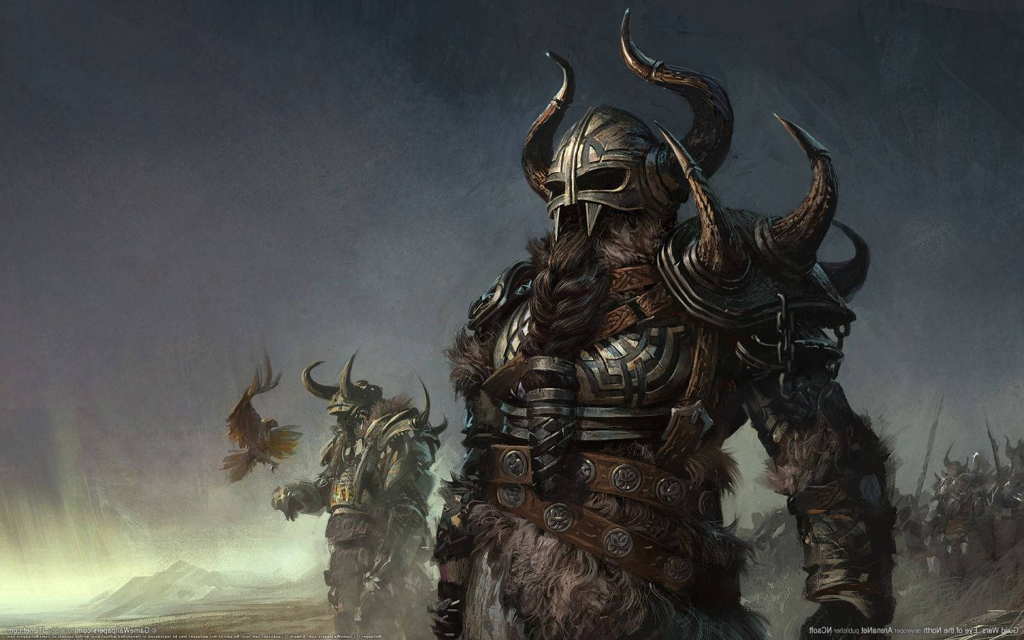 horned helmet, fur-trimmed armor, misty battlefield, HD Desktop Wallpaper