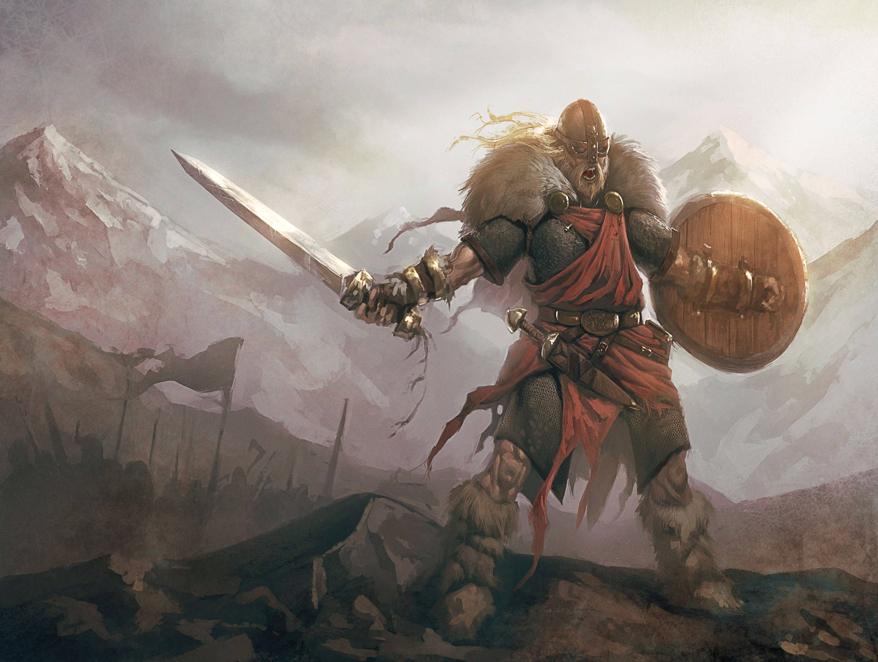 Viking warrior, sword, shield, 2K Desktop Wallpaper