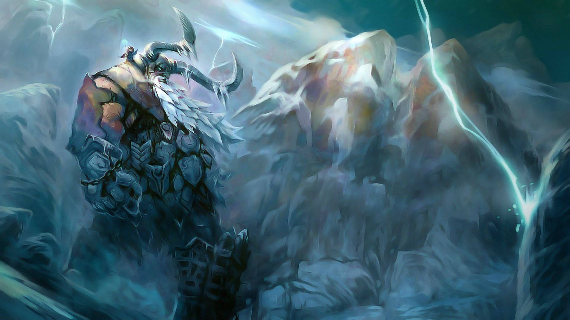 Blue Lightning Viking Art, horned armored warrior, stormy mountains, Full HD Desktop Wallpaper