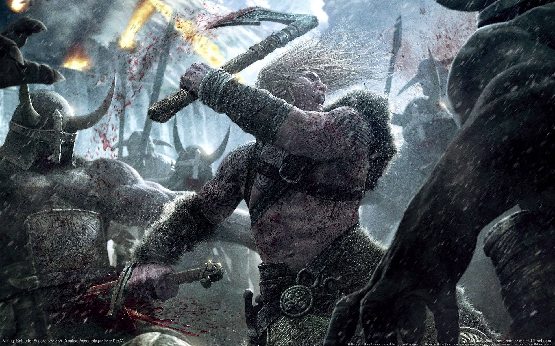 Viking warrior, bloodied axe, chaotic battlefield, Full HD Desktop Wallpaper