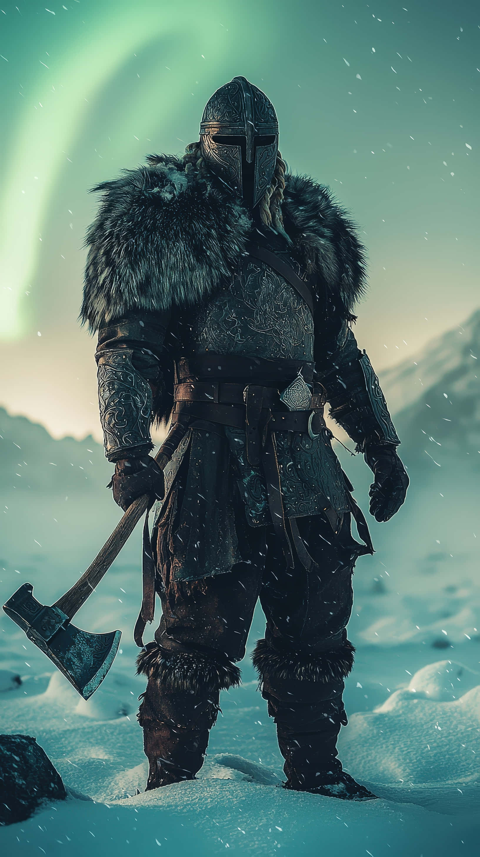 Viking warrior, fur-lined armor, snowy landscape, 2K Phone Wallpaper