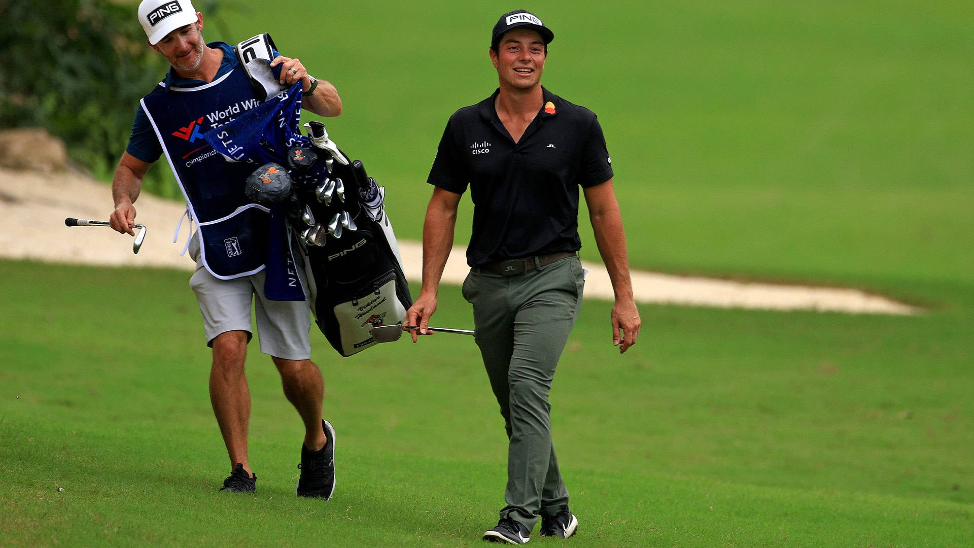 Viktor Hovland, caddie, lush green course, Full HD Desktop Wallpaper