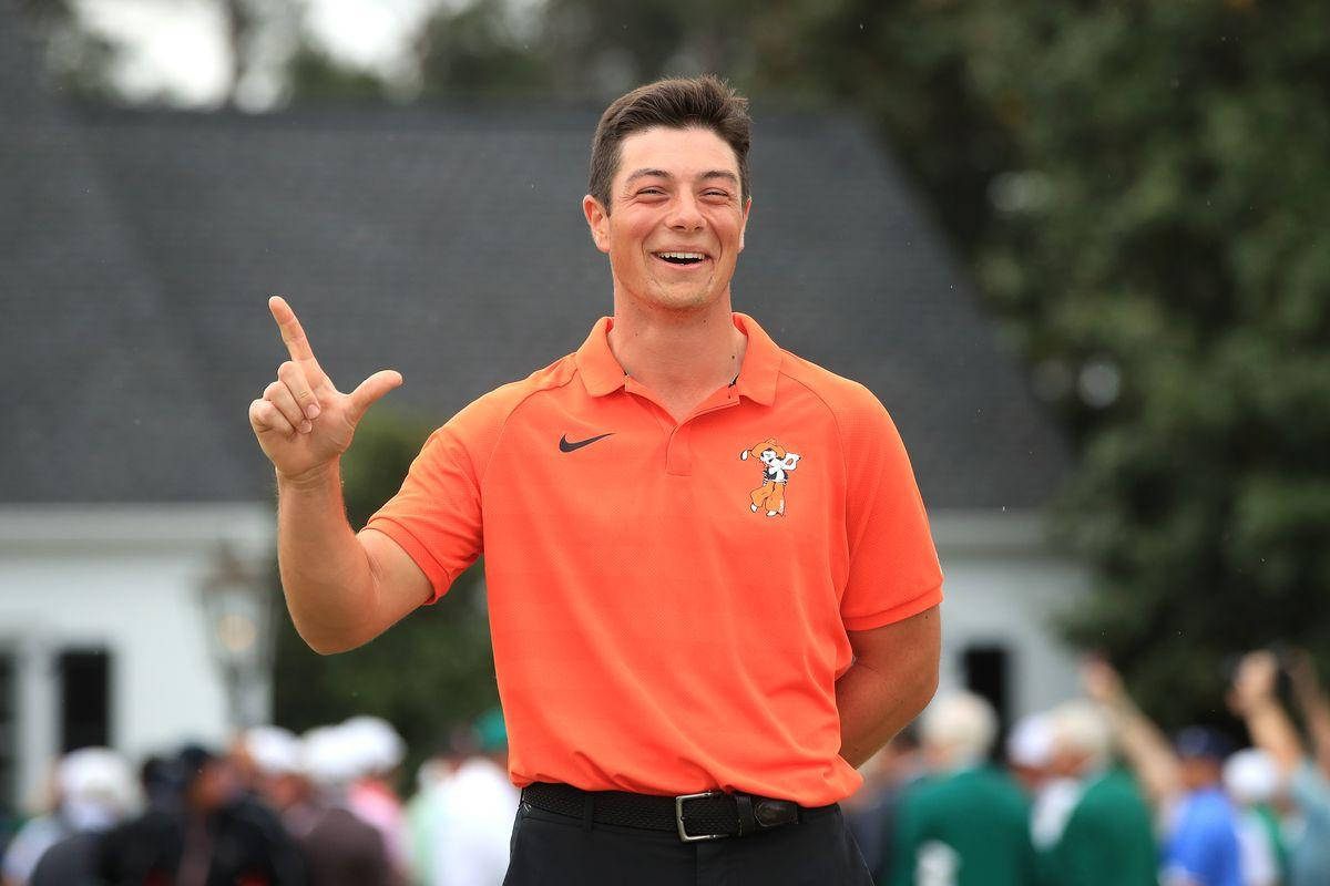 Viktor Hovland, orange polo shirt, golf course, SD Desktop Wallpaper