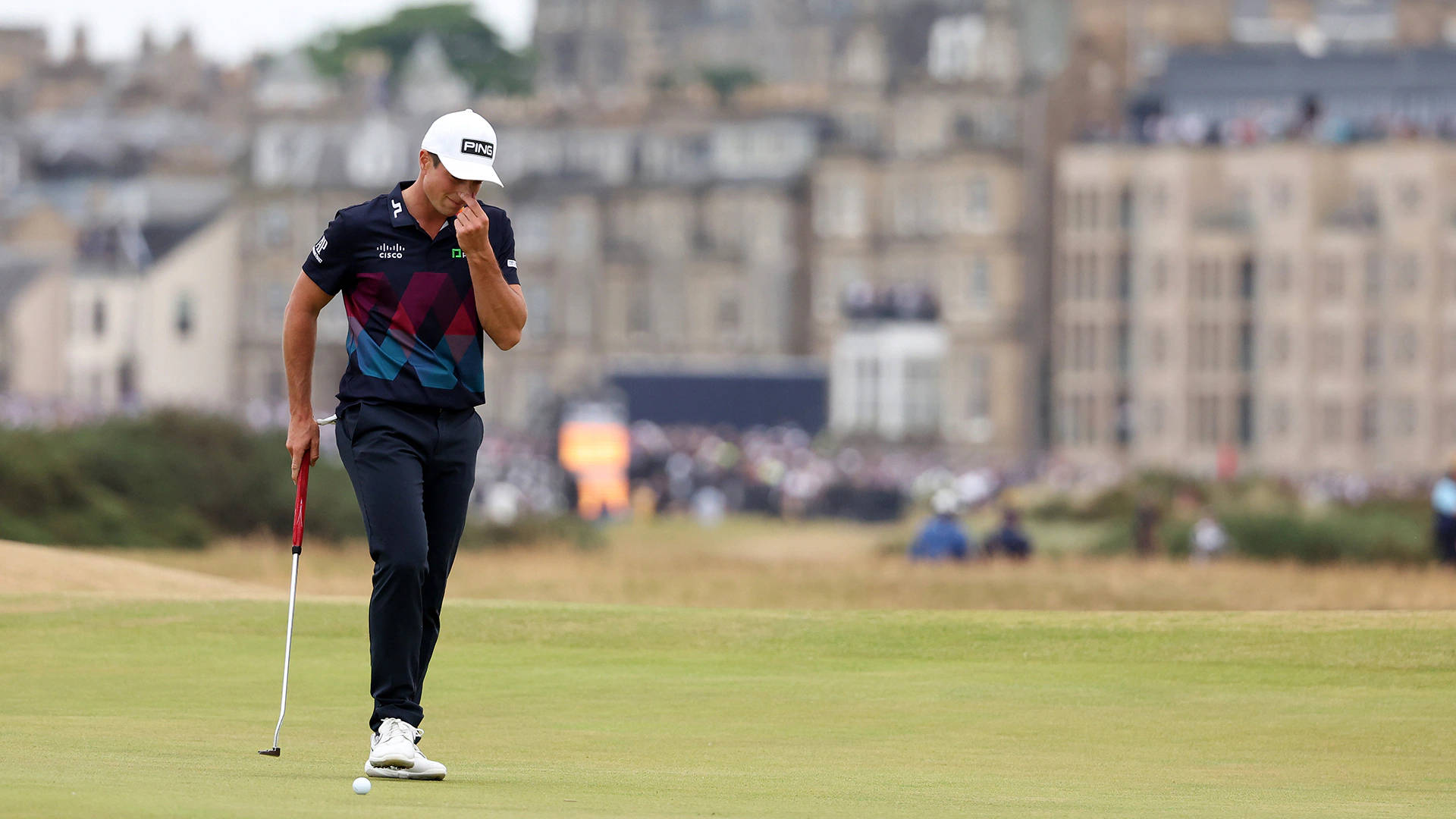 Viktor Hovland, dark patterned shirt, white cap, Full HD Desktop Wallpaper