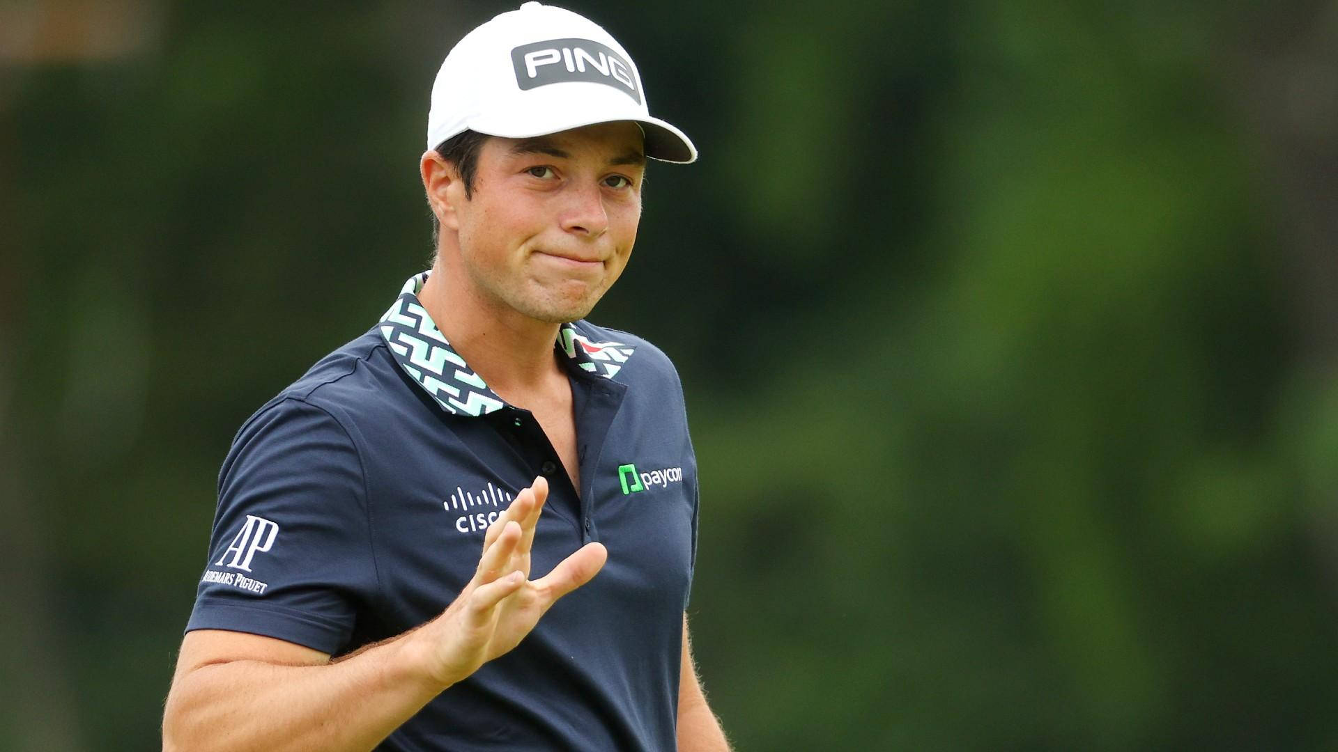 Viktor Hovland, navy polo, white cap, Full HD Desktop Wallpaper
