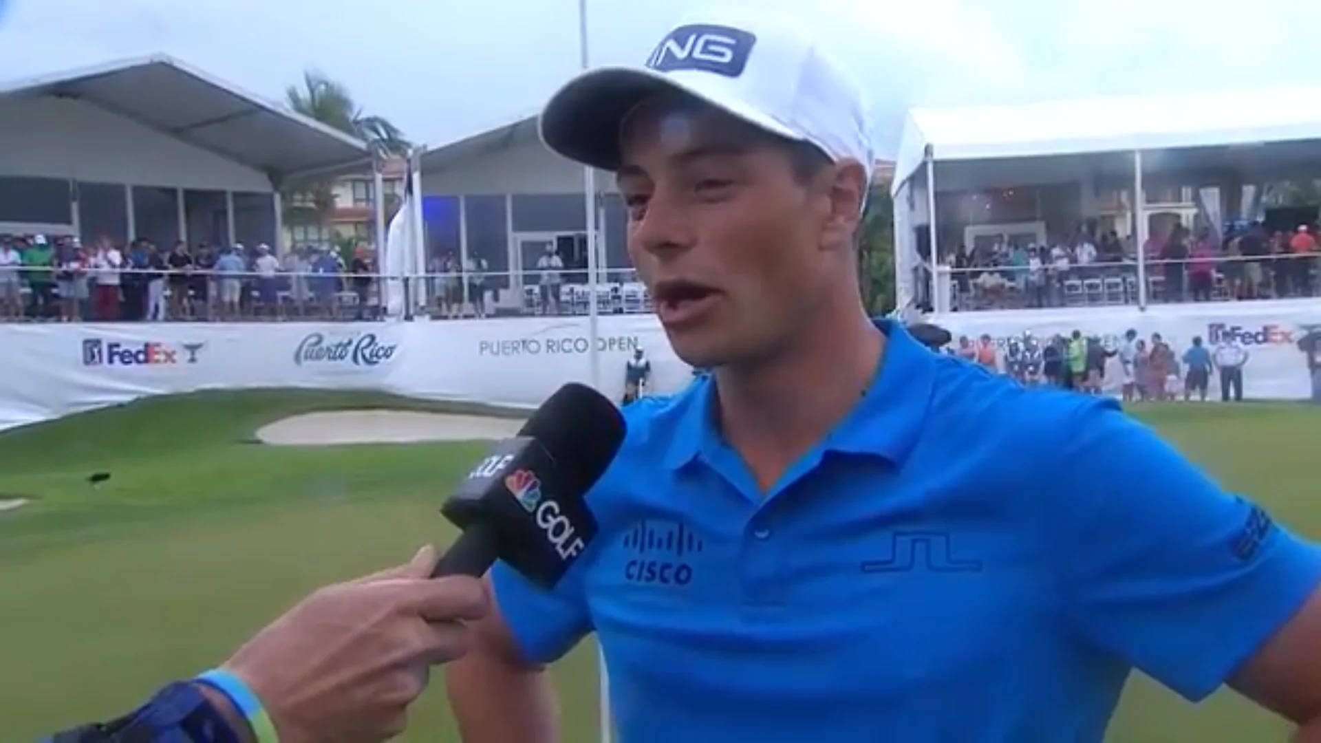 Viktor Hovland, blue polo shirt, green golf course, Full HD Desktop Wallpaper