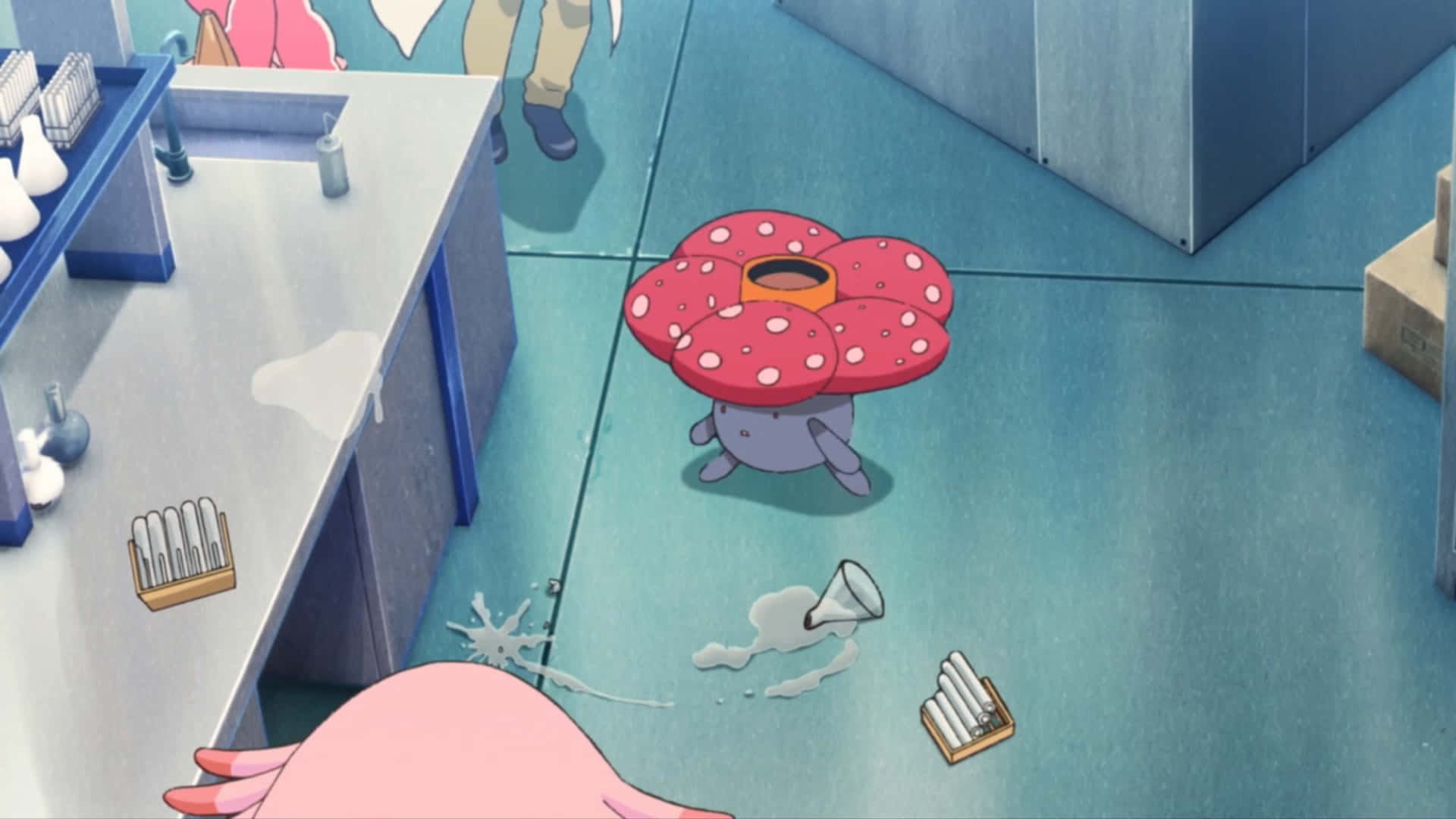 Vileplume, pink spotted mushroom, messy lab, Full HD Desktop Wallpaper