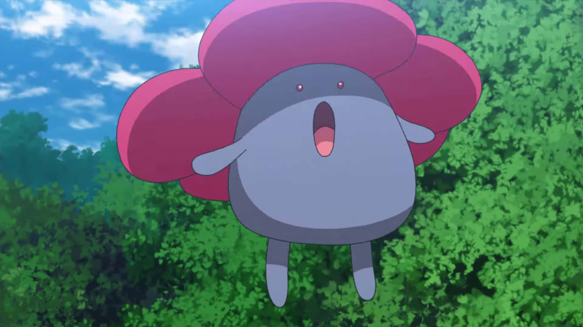 Vileplume, pink flower-like head, lush green bushes, Full HD Desktop Wallpaper