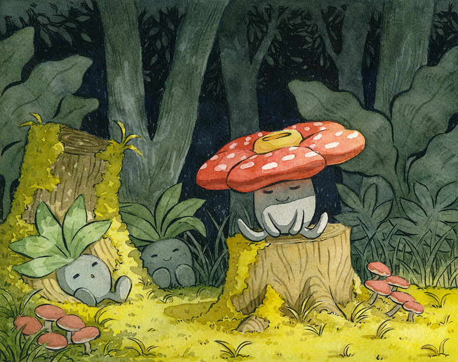 Vileplume, mossy forest, night, SD Desktop Wallpaper
