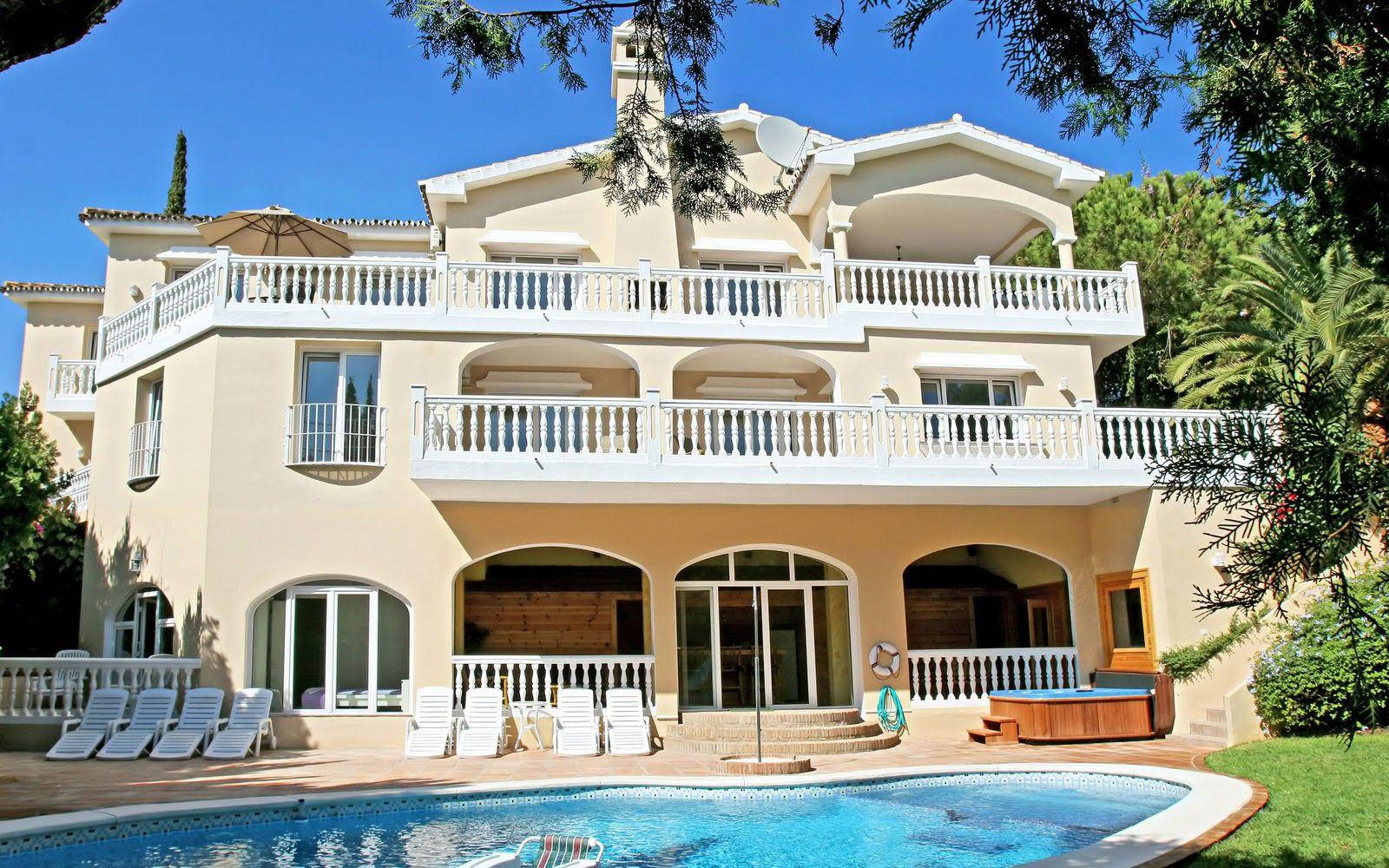 three storey beautiful house, beige villa, white balconies, HD Desktop Wallpaper