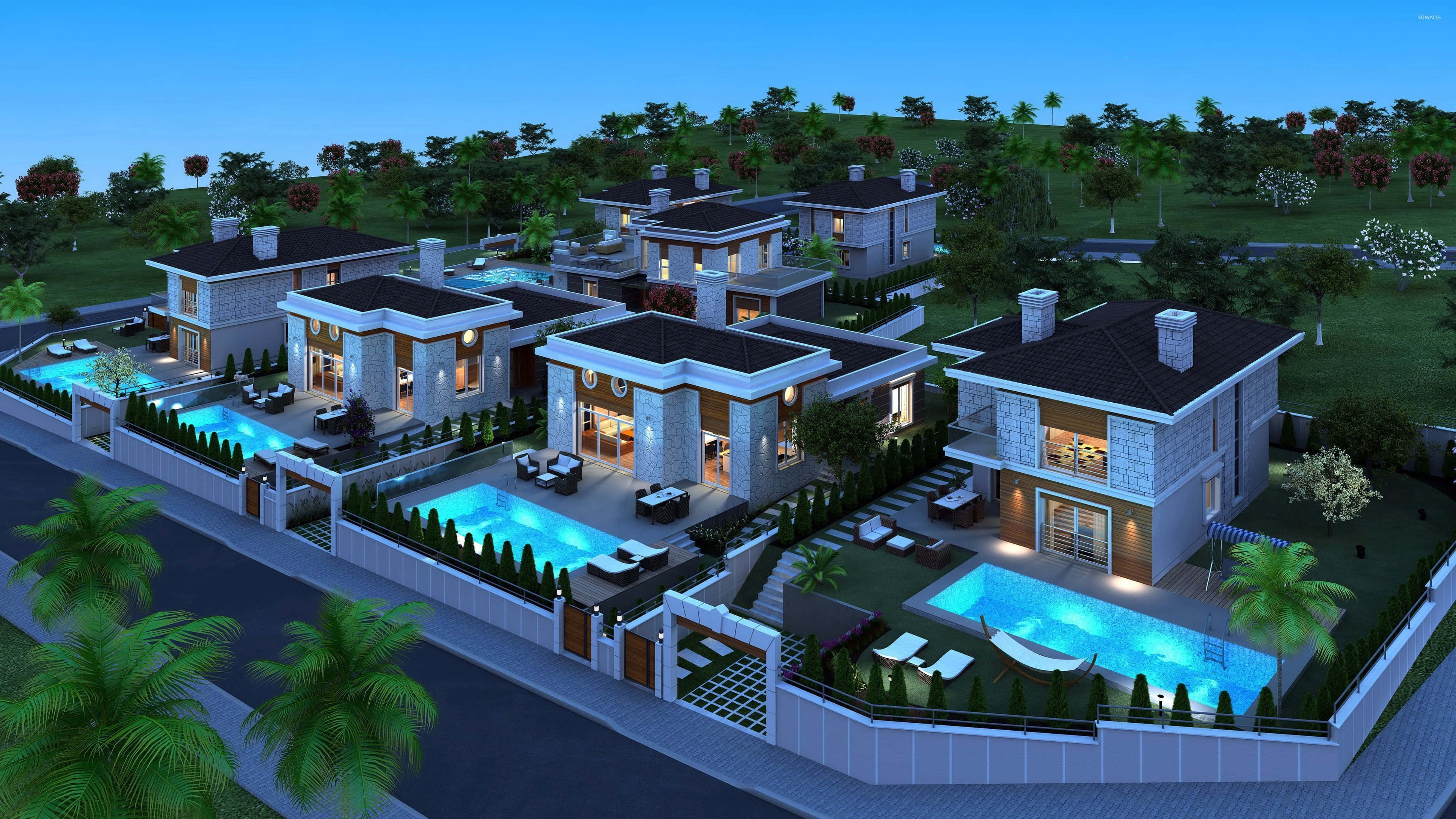 Bungalow Style Villa Mansion, glowing pools, hillside, 4K Desktop Wallpaper