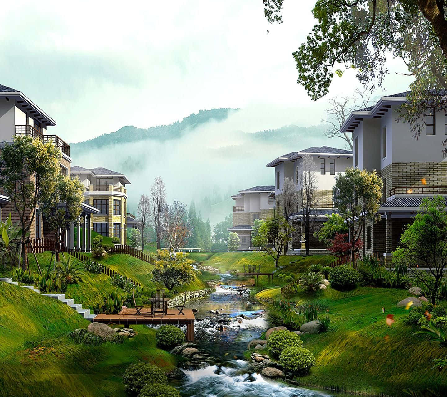 landscape village, contemporary chinese houses, misty valley, HD Desktop Wallpaper