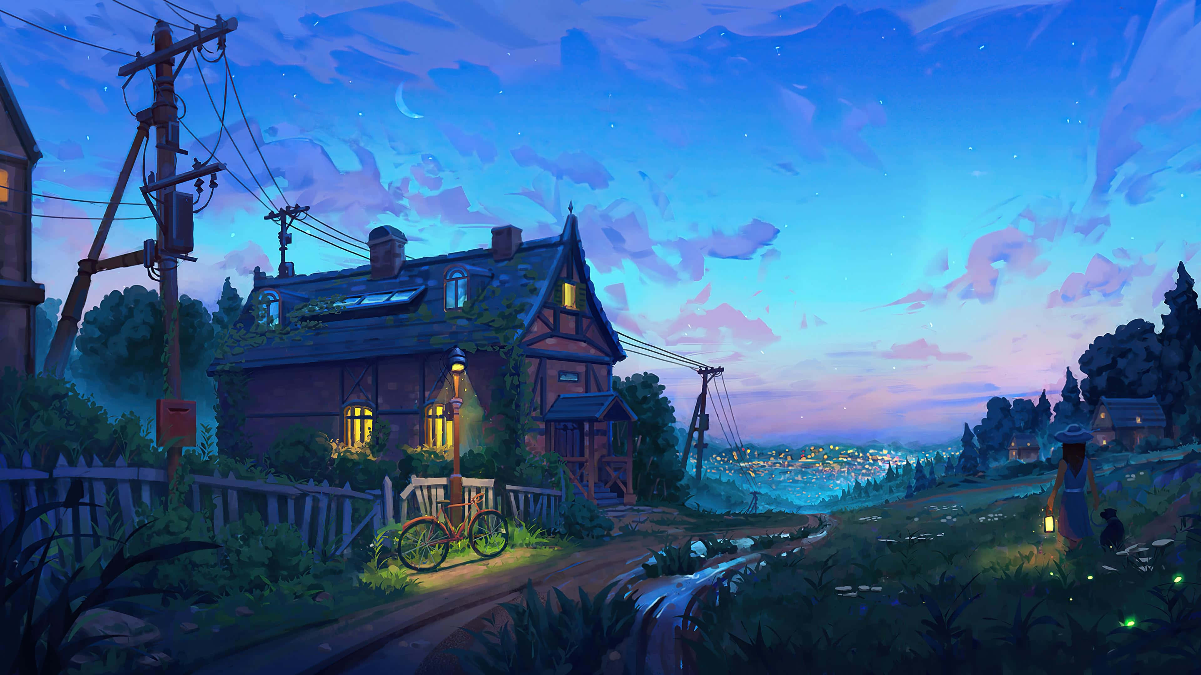 cozy cottage, twilight sky, figure, 4K Desktop Wallpaper