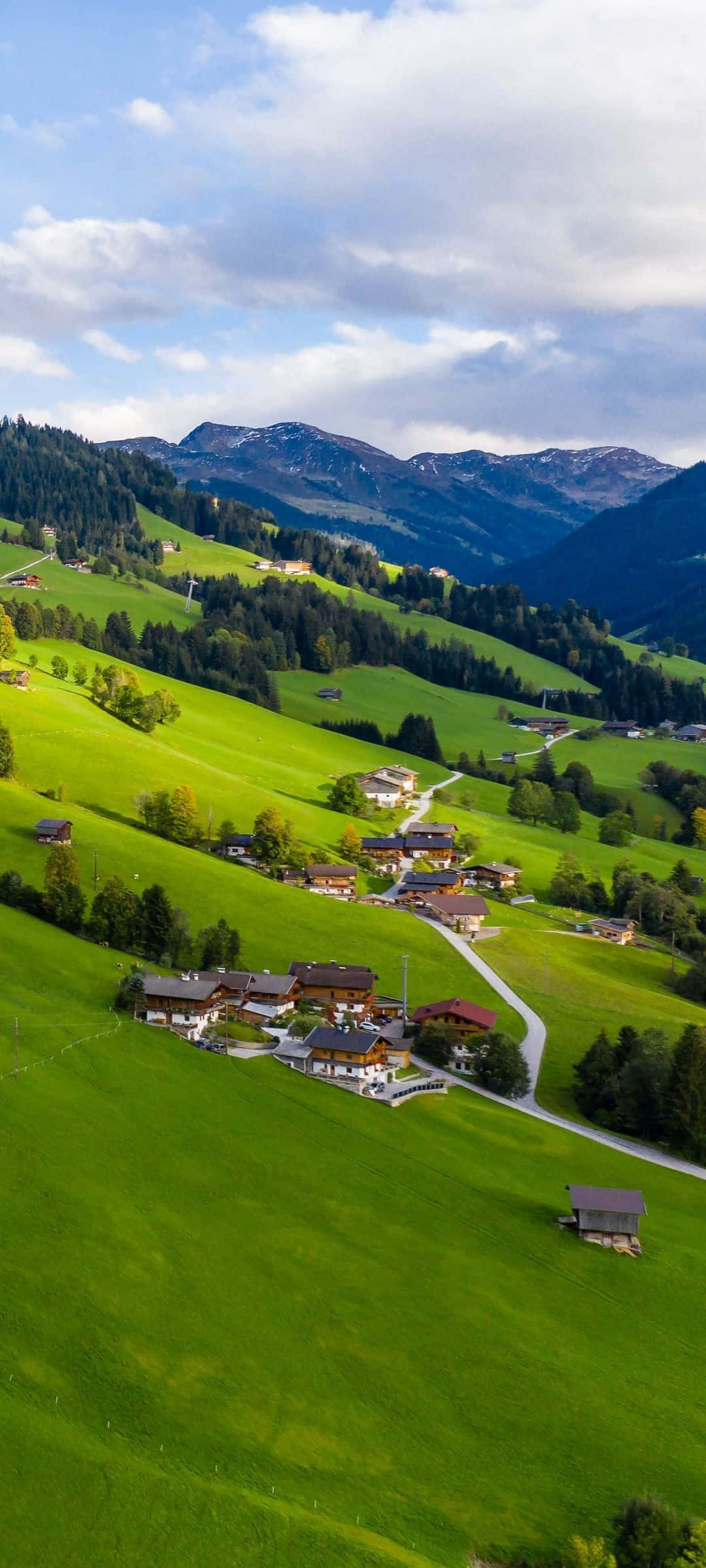 alpine village, vibrant green valleys, snow-capped mountains, Full HD Phone Wallpaper
